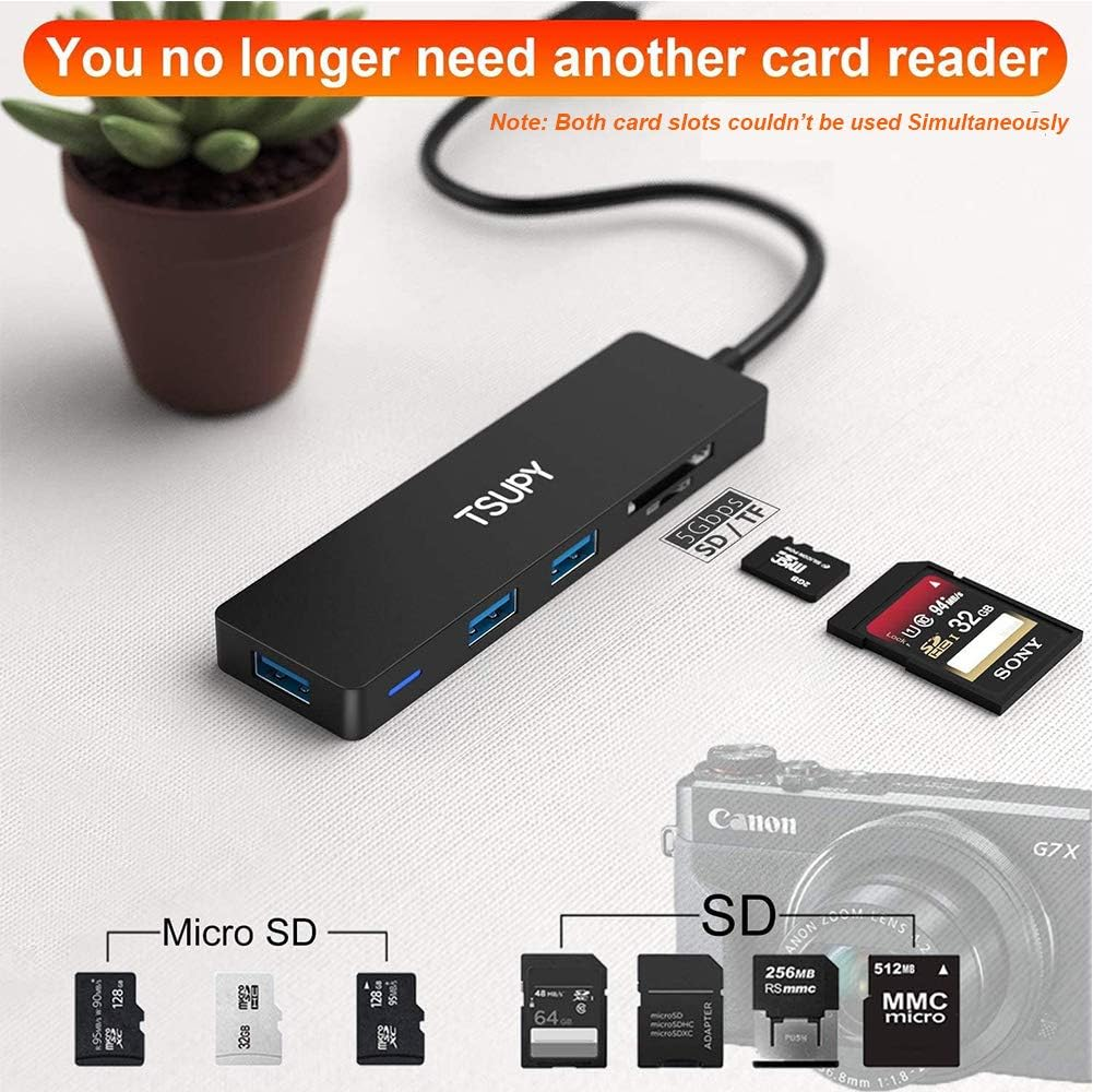 USB Hub 3.0, TSUPY 5 in 1 Multiport Adapter USB 3.0 Hub with SD Micro SD Card Reader, 3 USB 3.0 Ports Compatible for Laptop, Macbook, PC, Printer,Surface Pro, USB Flash Drives image number 1