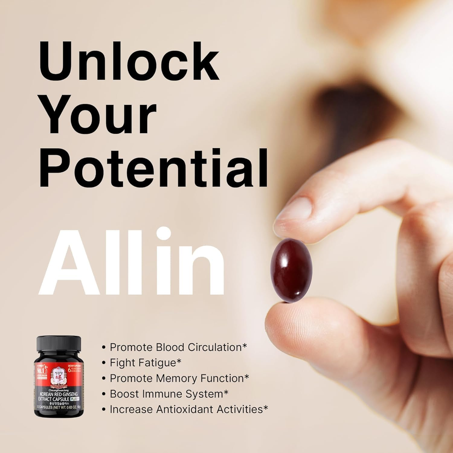 Cheongkwanjang Korean Red Ginseng Extract Capsules plus | All-In-1 Panax Ginseng Supplement | Improve Blood Flow, Enhances Immune Function, Antioxidant Support | 30 Capsules image number 5