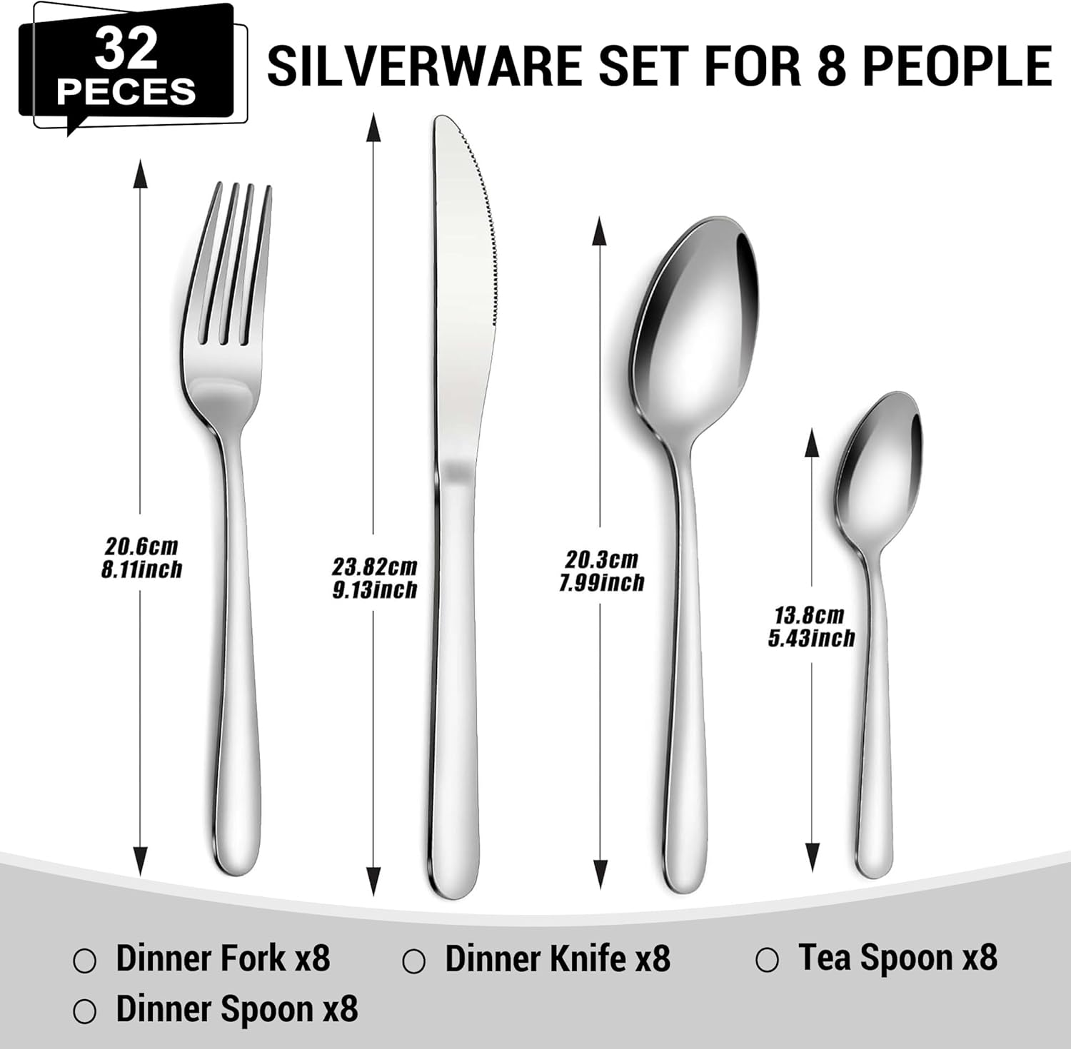 BEWOS 32 Piece Stainless Steel Cutlery Set - Service for 8, Tableware Set with Spoons Knives and Forks Set, Dishwasher Safe & Easy Clean, Mirror Polished Cutlery for Parties/Weddings/Outdoor Picnics image number 3