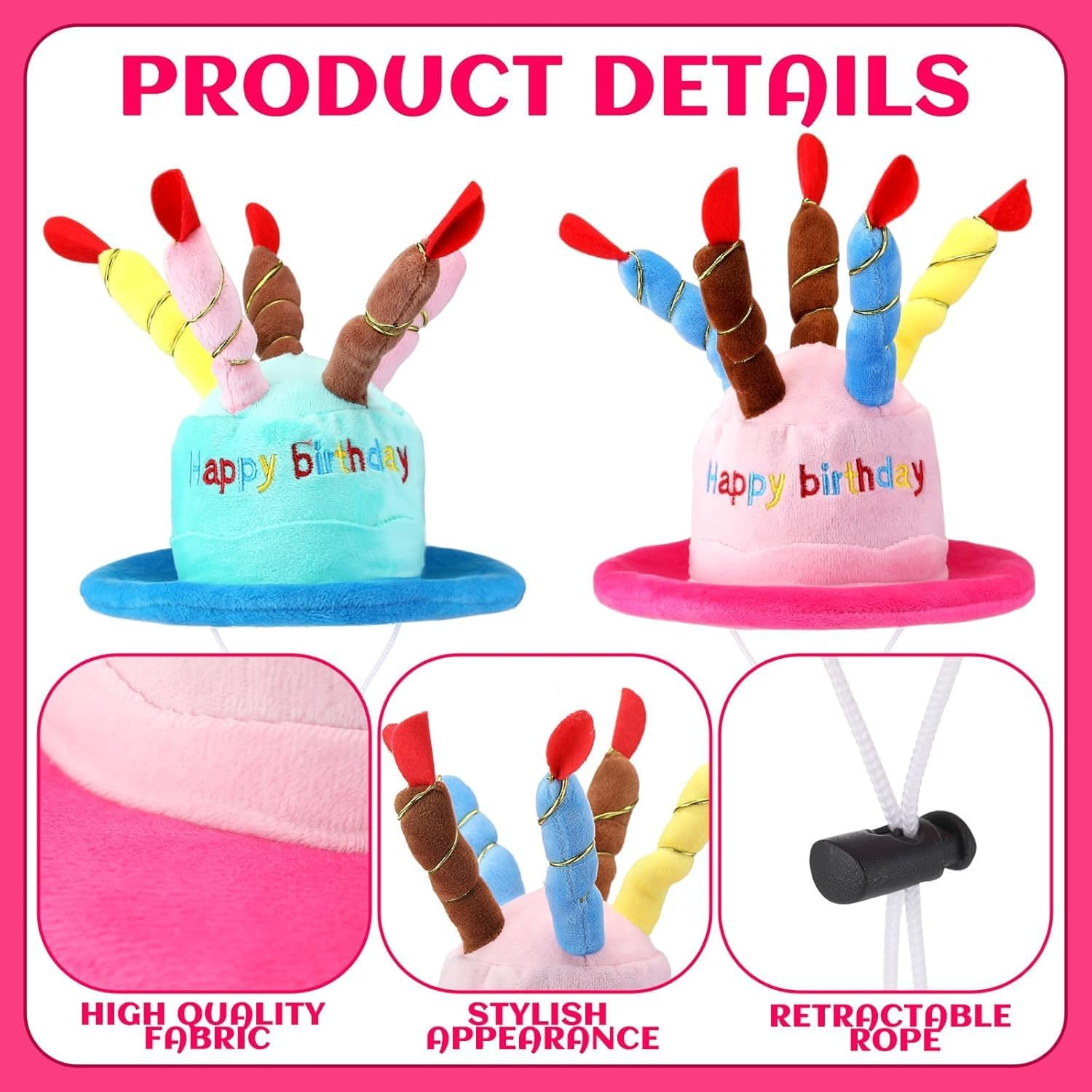 2 Pack Cute Dog Cat Birthday Cake Hat with Colorful Candles Adjustable Strap for Pet Birthday Party Supplies Decorations One Size Fits Most（Pink and Blue） image number 3