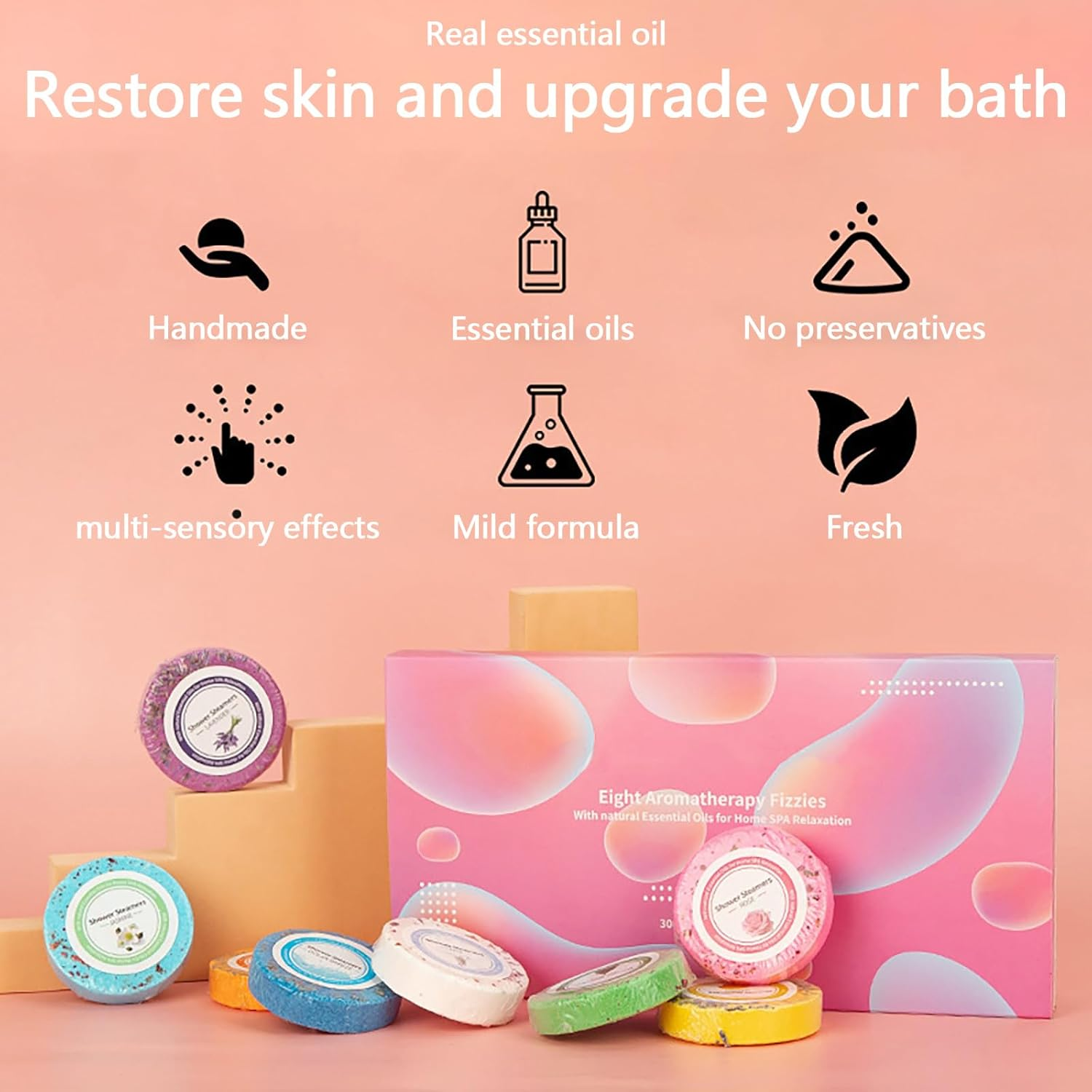 Aromatherapy Shower Steamers, 8 Pcs with Box, 8 Fragrances, Shower Bomb Tablets Set, Natural Ingredients, Self Care, Relaxation for Women Men, Lavender, Mint, Milk, Rose, Mango, Jasmine image number 1