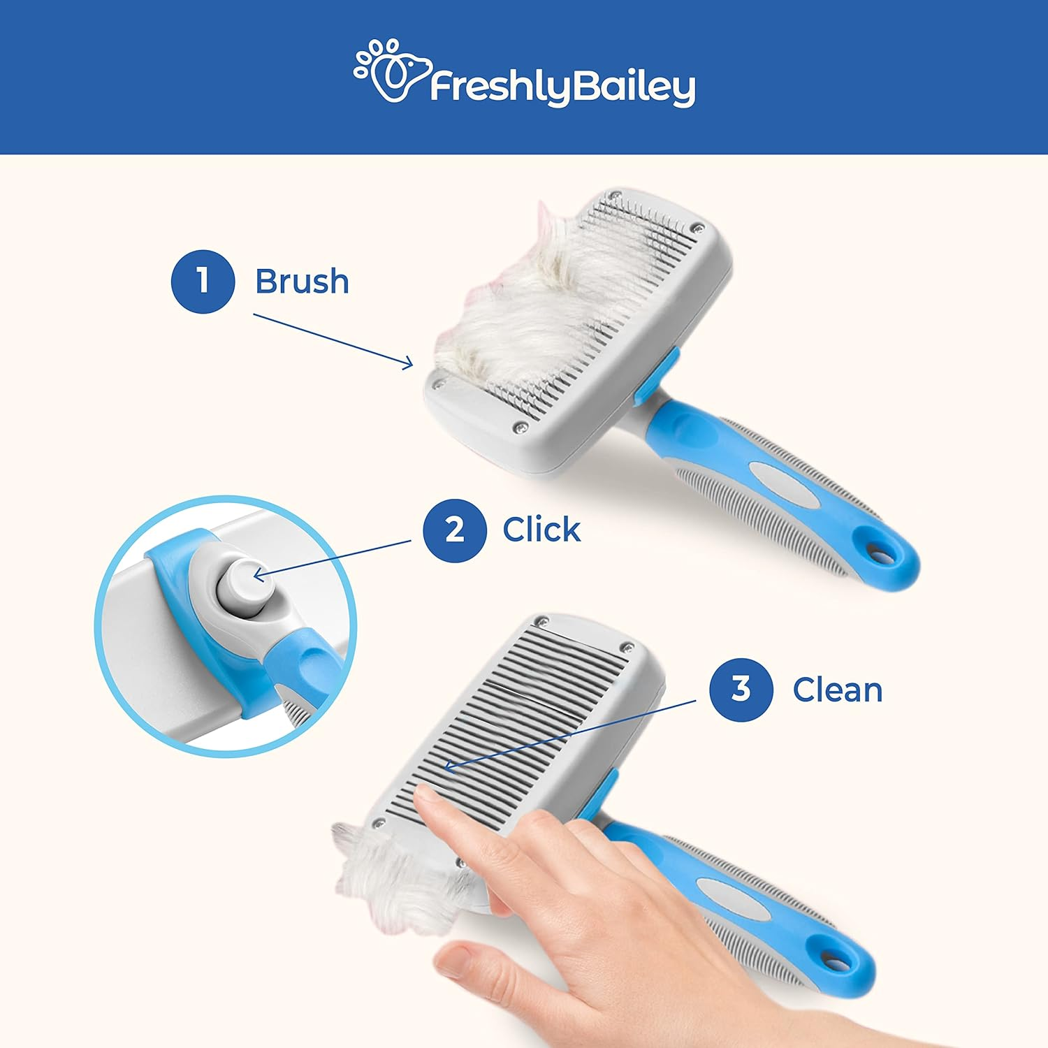 Freshly Bailey Self Cleaning Slicker Brush for Dogs and Cats - Hair Brush for Medium to Long-Haired Pets - Effective, Comfortable, and Easy to Clean - White and Blue image number 4