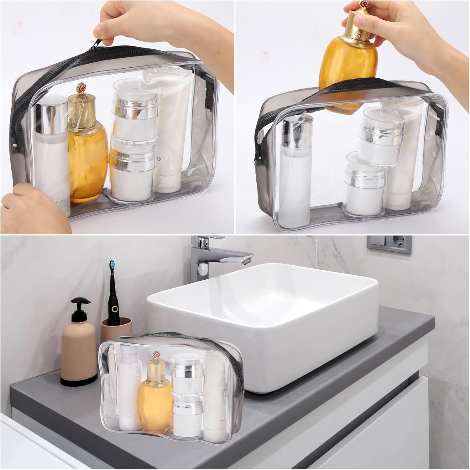 Tbestmax 10 Pcs Clear Cosmetic Bags Makeup Bags Portable Waterproof Travel Toiletry Bags Organizer, Large - Matte Black, Large, Minimalist image number 2