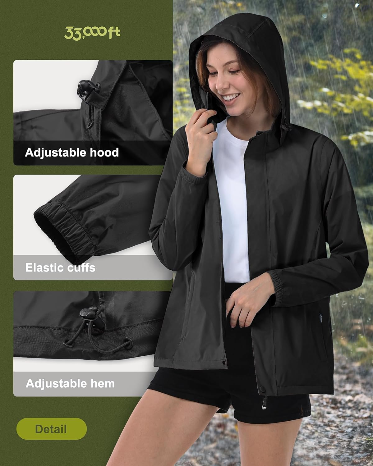 33,000Ft Women'S Waterproof Packable Rain Jacket Lightweight Breathable Running Raincoat Outdoor Hiking Jacket Ladies Windproof Windbreaker with Hideaway Hood for Cycling image number 2