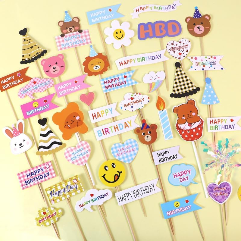 Hannafires 100PCS Colorful Cake & Cocktail Toppers &ndash; Smiley Face Party Picks with Bear Candles, Cloud Hats & Mini Decorations for Birthday Cakes & Dessert Tables image number 2