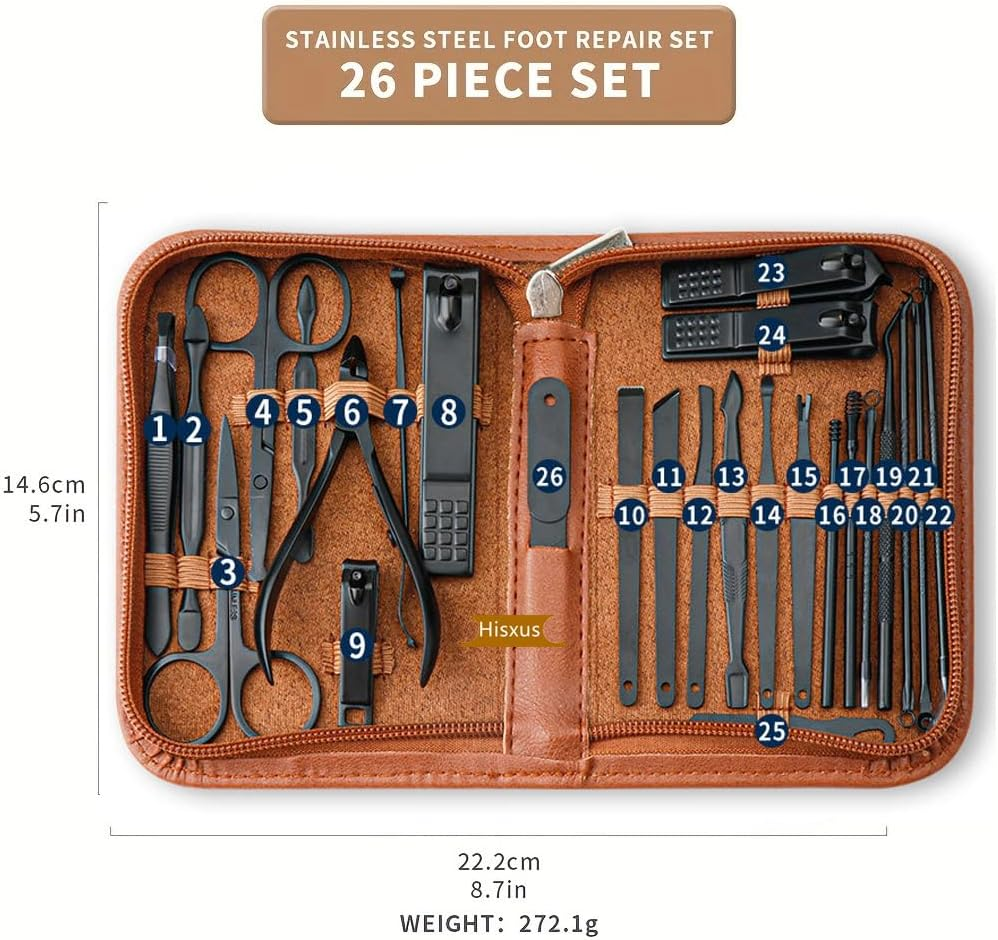 Hisxus Brown Manicure Set Professional Nail Clipper Kit-26 Pieces Stainless Steel Manicure Kit,Nail Care Tools with Luxurious Travel Case for Man&Women Gift image number 3