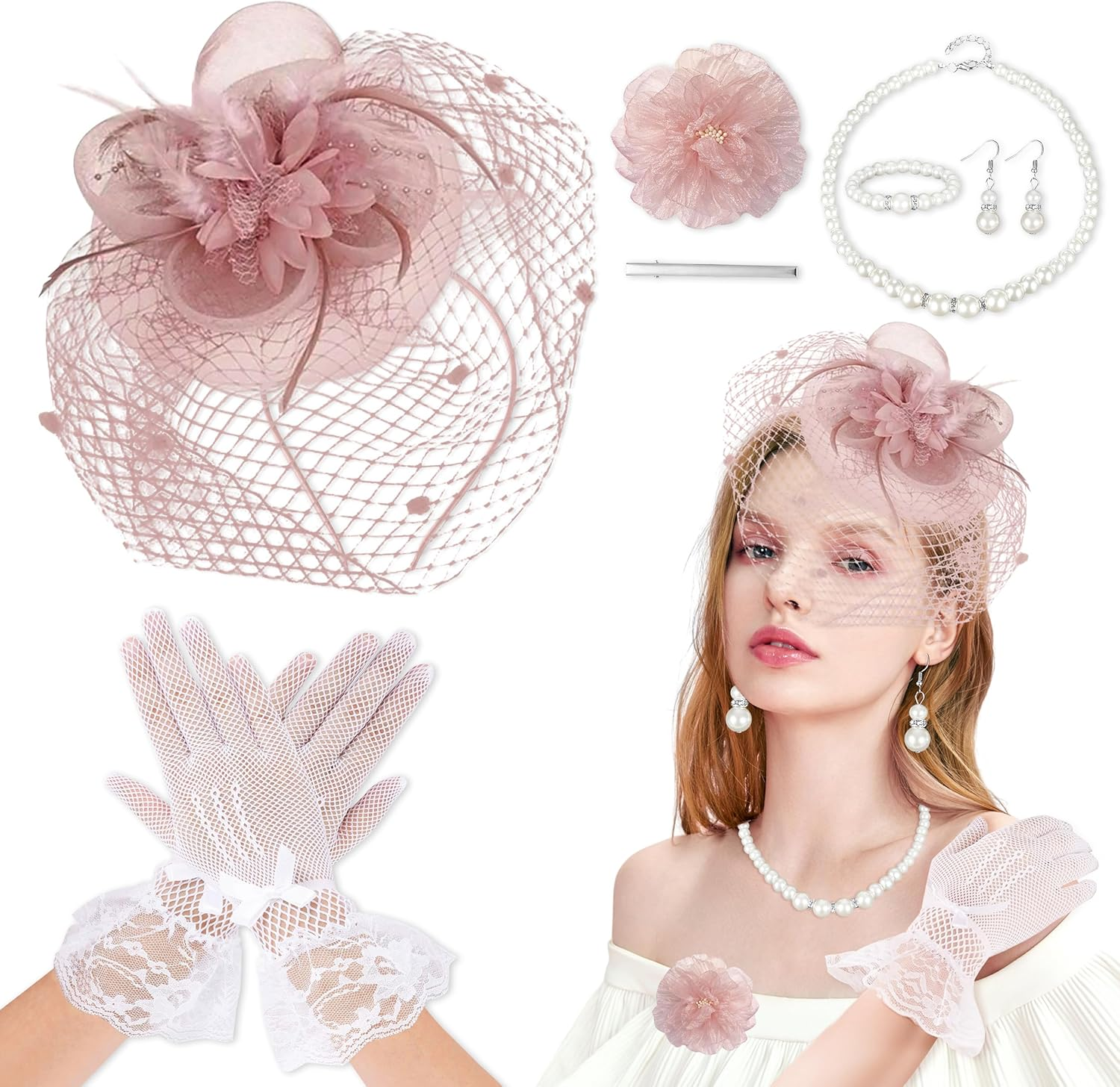 Yinnfeen 6 Pcs Tea Party Fascinators Hat for Women, Mesh Veil Headband with Pearl Necklace Earring Bracelet Lace Glove Brooch image number 5