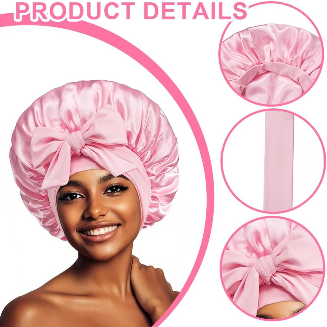 JAWUZ Silk Bonnet for Sleeping, with Nastri Regolabili, Satin Hair Bonnet Raso per Donna Ragazza (Pink) image number 3
