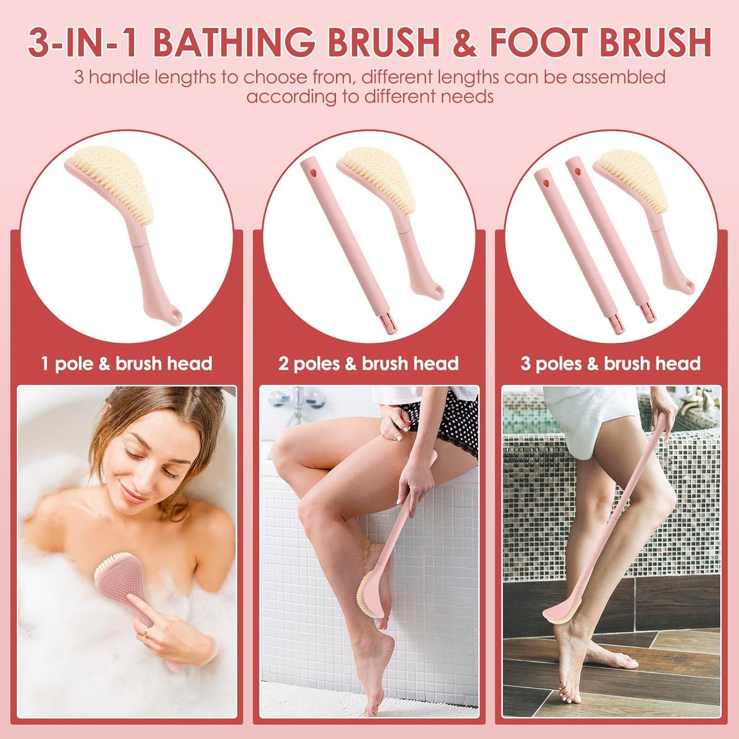 Awobepl Foot Brush with Adjustable Long Handle Enduring Foot Scrubber Easy to Clean Leg Scrub Brush for Senior Pregnant Disabled (Pink) - Pink image number 5