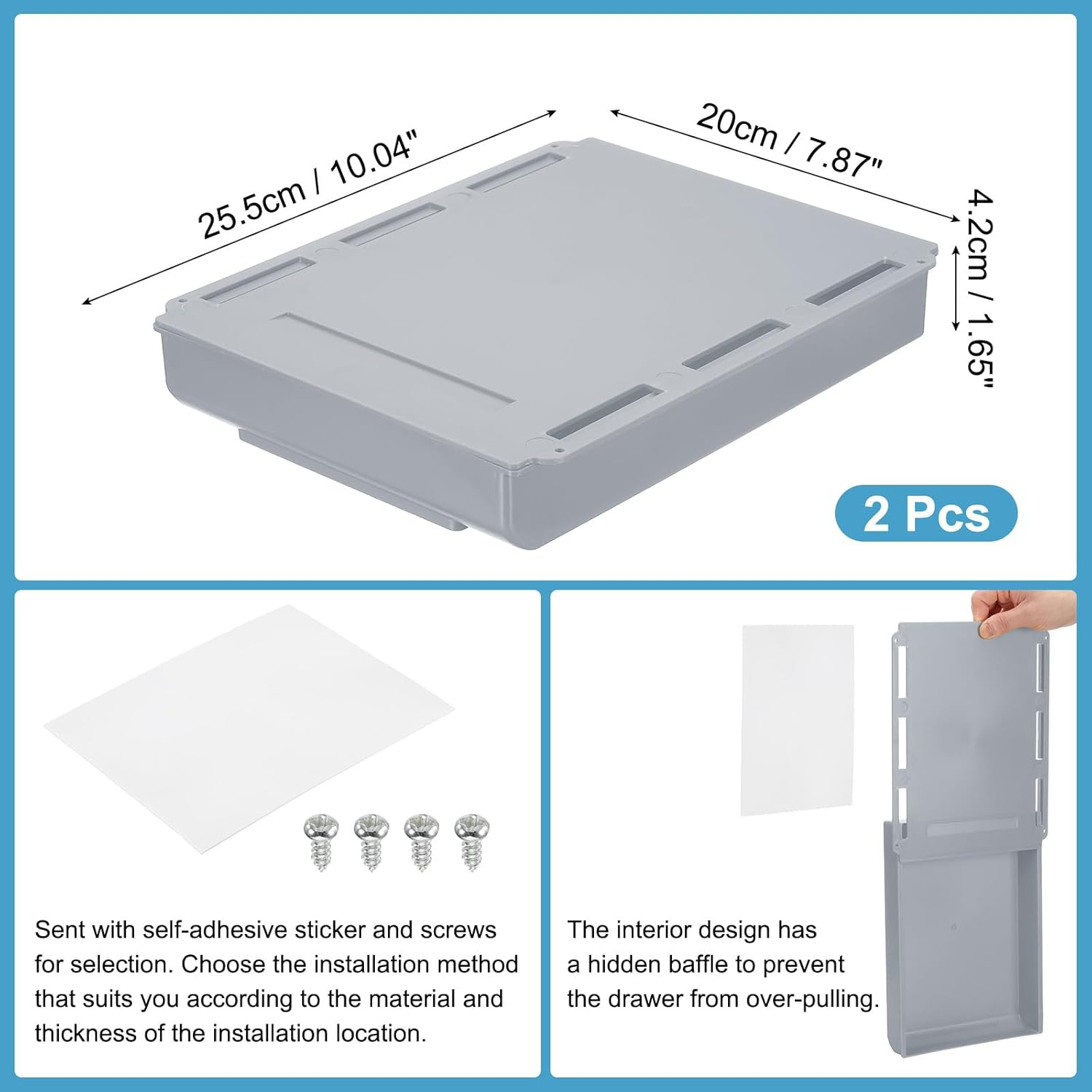 Uxcell under Desk Drawer, 2 Pcs under Table Storage Self-Adhesive Attachment Drawers Organizer for Pens Standing Desk Office Studio Home, Gray, Large image number 4