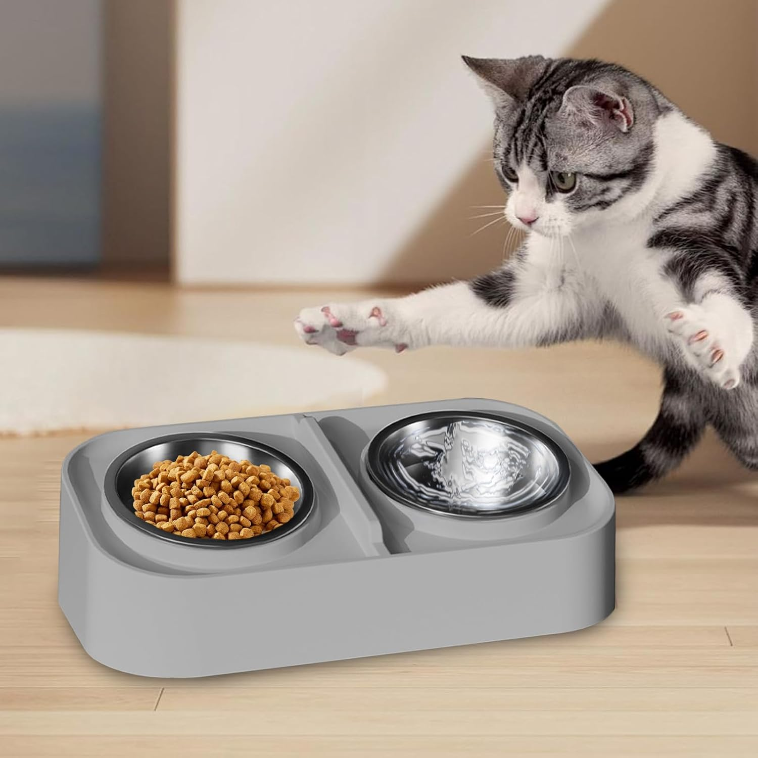 Cat Food and Water Bowl Set - Double Cat Raised Food Bowl,Non-Slip Base Spill-Proof Tall Feeder for Kitten Puppy Feeding Drinking City Living Apartment Pet Travel image number 4