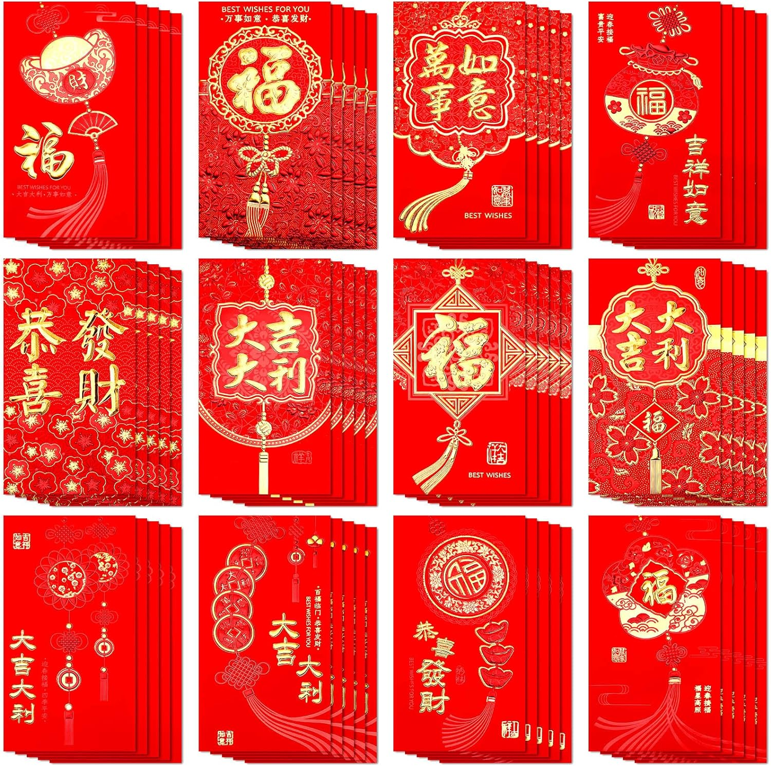 SEPGLITTER Chinese New Year Envelopes 2025, 54PCS Lunar New Year Red Envelopes for Spring Festival, 12 Styles Hong Bao Lucky Money Pockets with Gold Raised Foil image number 6