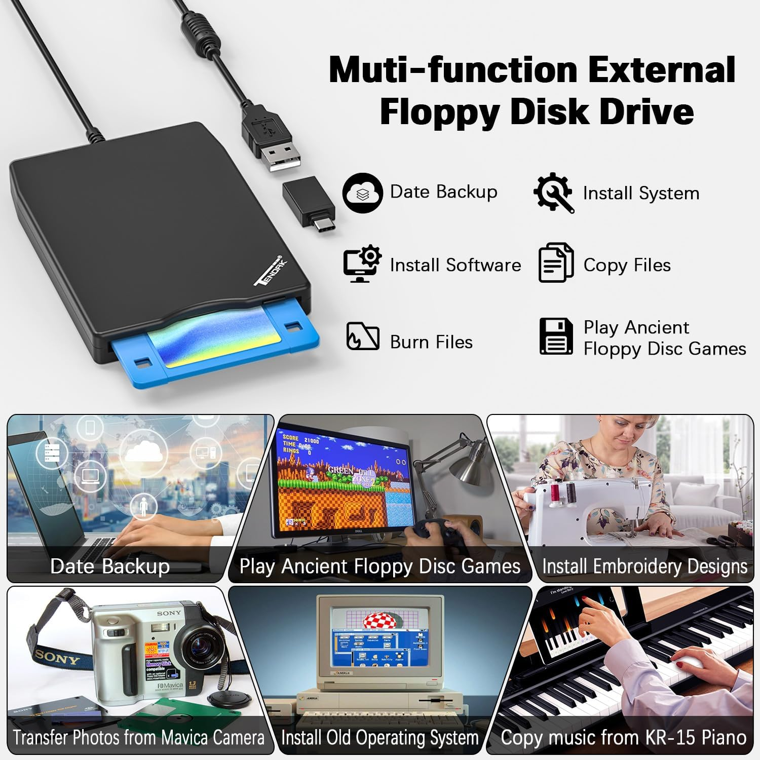 USB Disk Drive, Tendak 3.5" USB 2.0 Floppy Disk Drive Portable External 1.44MB 720BKB FDD Diskette Drive for PC Windows 10 7 8 Windows XP Vista Mac (Black) image number 6