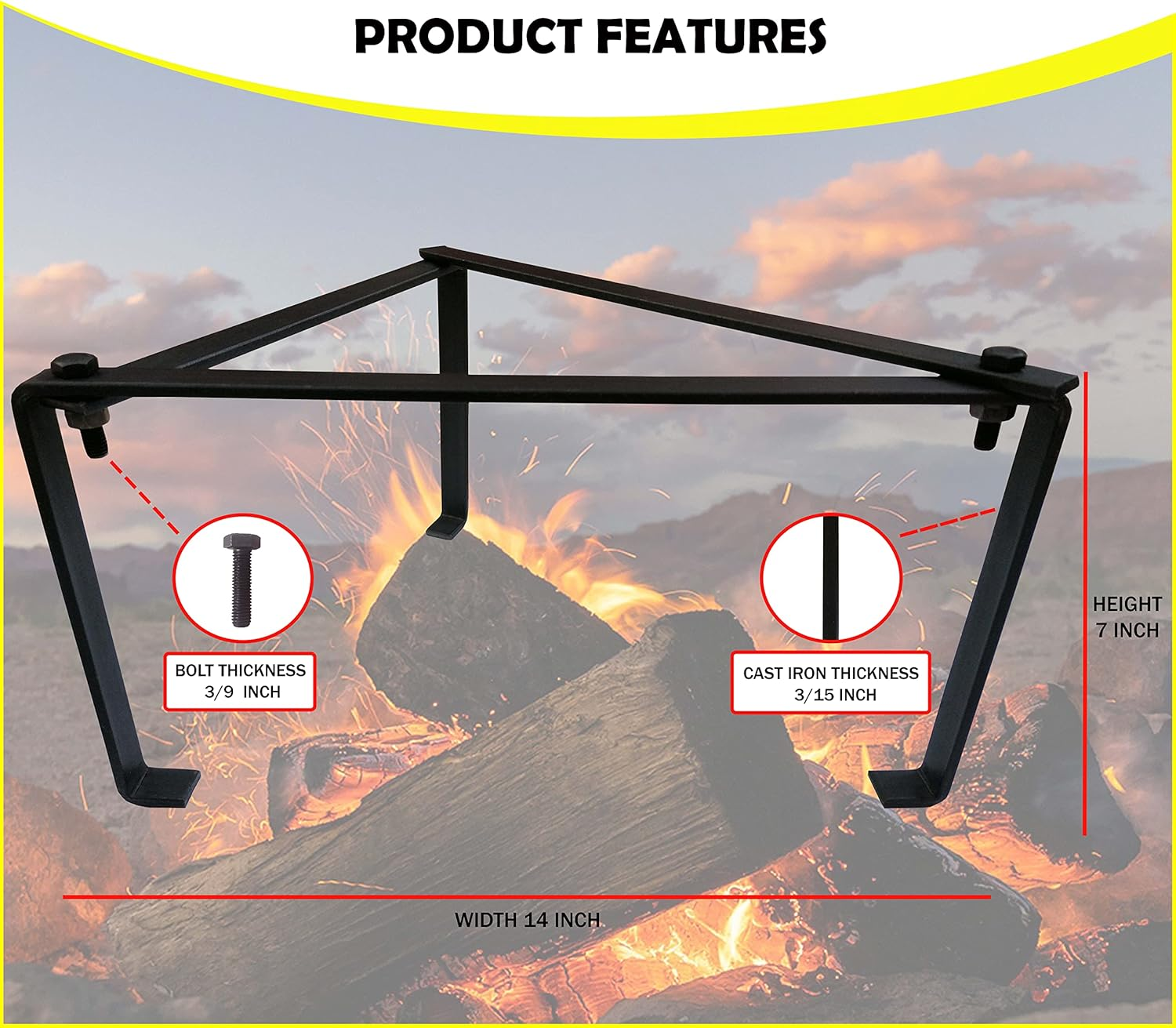 14 Inch Camping Tripod for Cooking, Camping Cooking Stand, Tripod Grill, Fire Tripod for Cooking, Cast Iron Stand, Dutch Oven Stand, Fire Pit Stand, Dutch Oven Tripod, Cooking Tripod for Campfire image number 6
