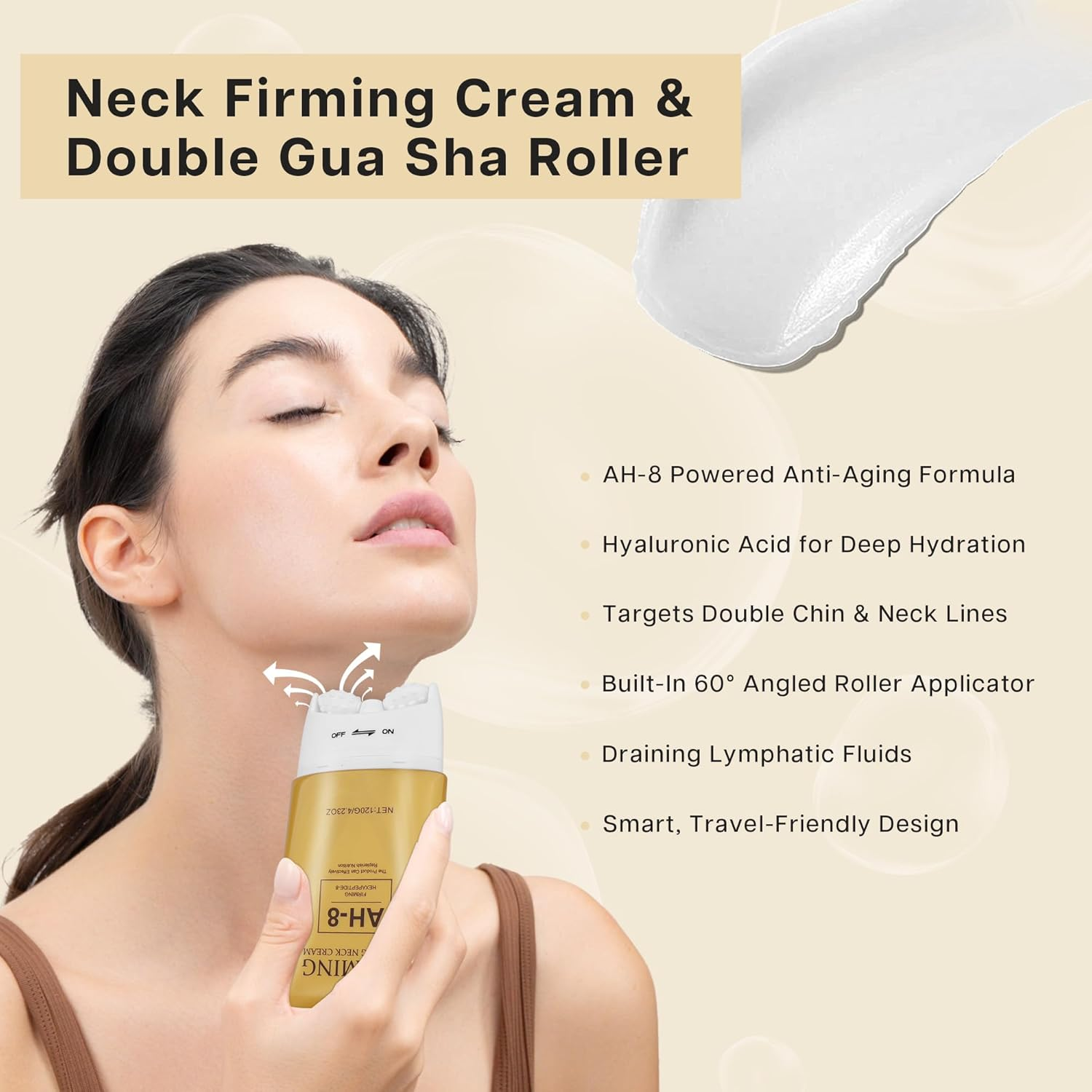 VRAIKO HOYGI AH-8 Firming Neck Cream, 2-In-1 Guasha Neck Moisturizer with Roller Applicator, for Saggy Skin, Double Chin, Face Lifting, 4.23 Oz