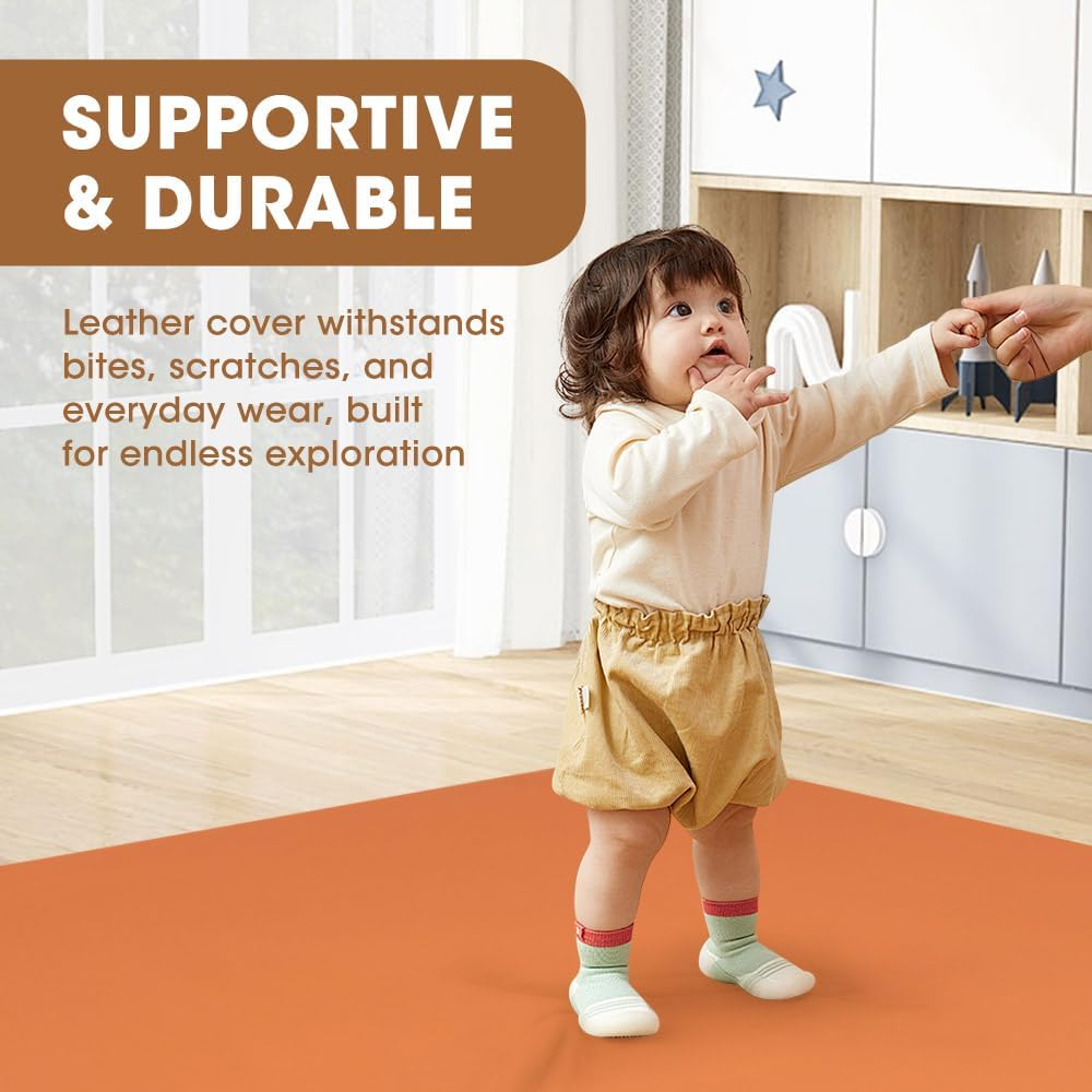 Playpals Thick Baby Play Mat, Soft Vegan Leather Floor Mat with Removable Washable Cover, Wipe Clean Crawling Mat, Non-Slip Soft Play Mat for Infants, Babies, Toddlers, 121X121Cm, Brown-Orange image number 3