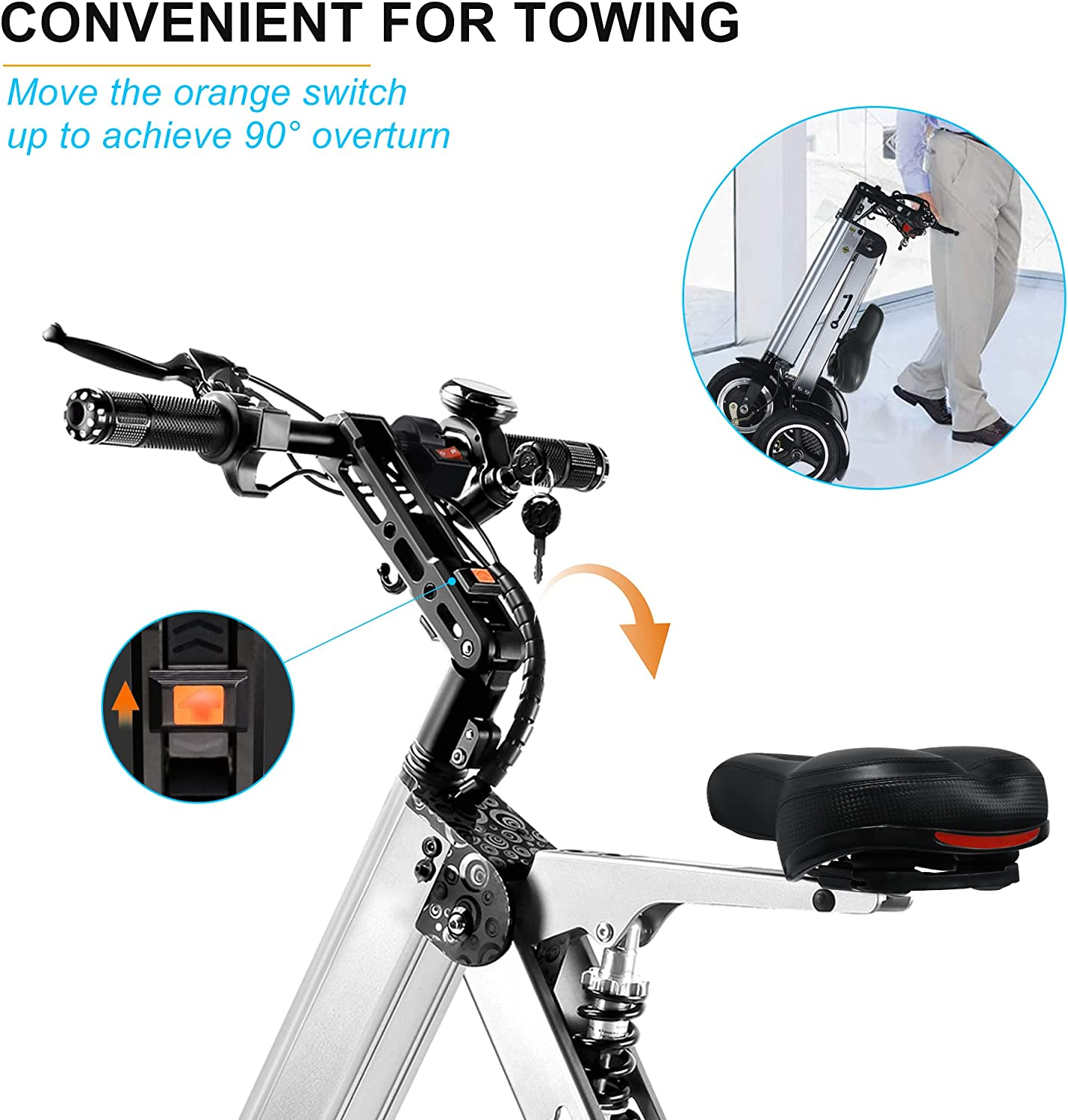 Topmate ES32 Electric Scooter 3 Wheels Foldable Trike with Seat for Adults, Light Weight Electric Scooter with Reverse Function and Key Switch, 10 Inch Pneumatic Tires Tricycle for Commute and Travel