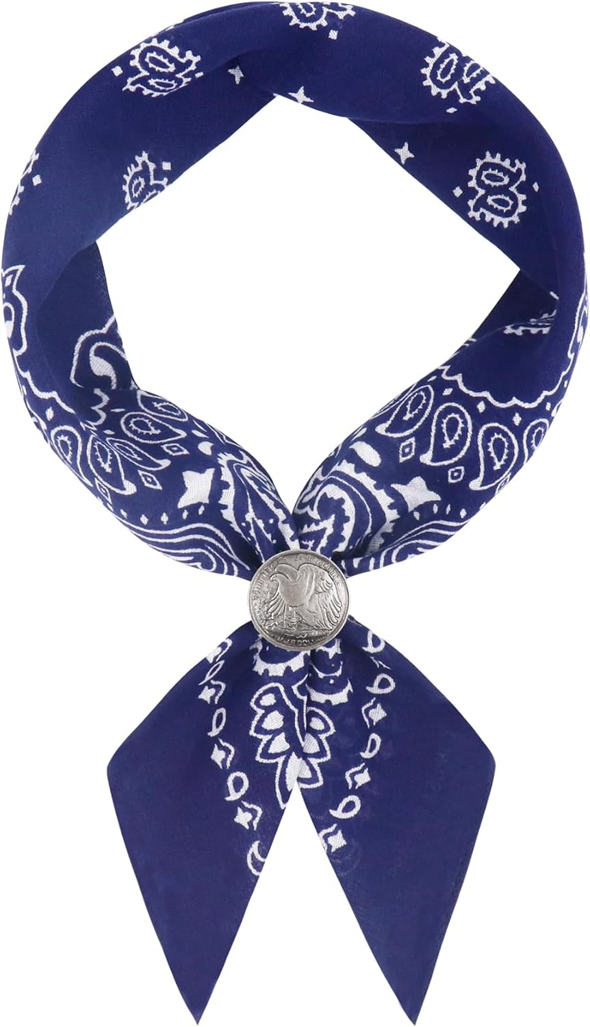 Hymeiluely Western Bandana Scarf with Vintage Coin Buckle, Paisley Pattern Neck Scarf for Men Pocket Square Cowboy Scarves