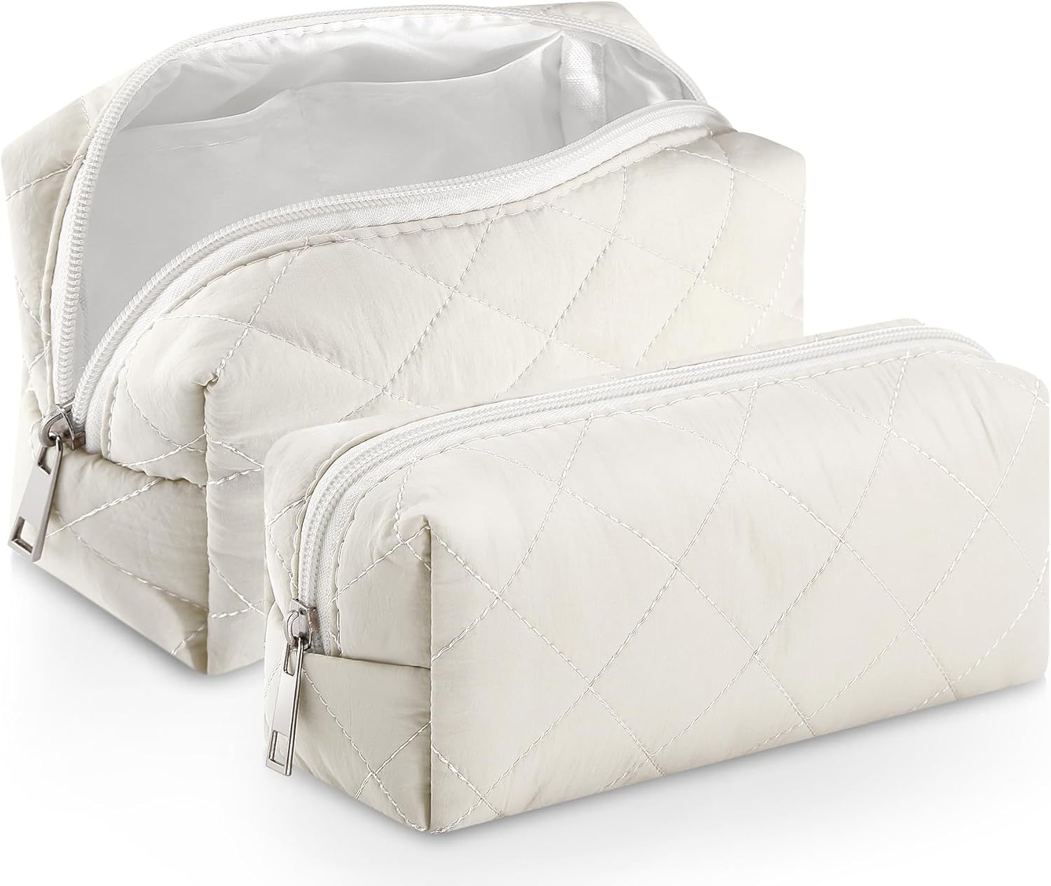 Siltriangle 2 Pcs Valentines Puffy Makeup Bag Quilted Cosmetic Pouch for Women Cute Puffer Makeup Organizer Compact Toiletry Bags Preppy Pencil Case with Zipper Winter Gift for Women Girlfriend, Beige