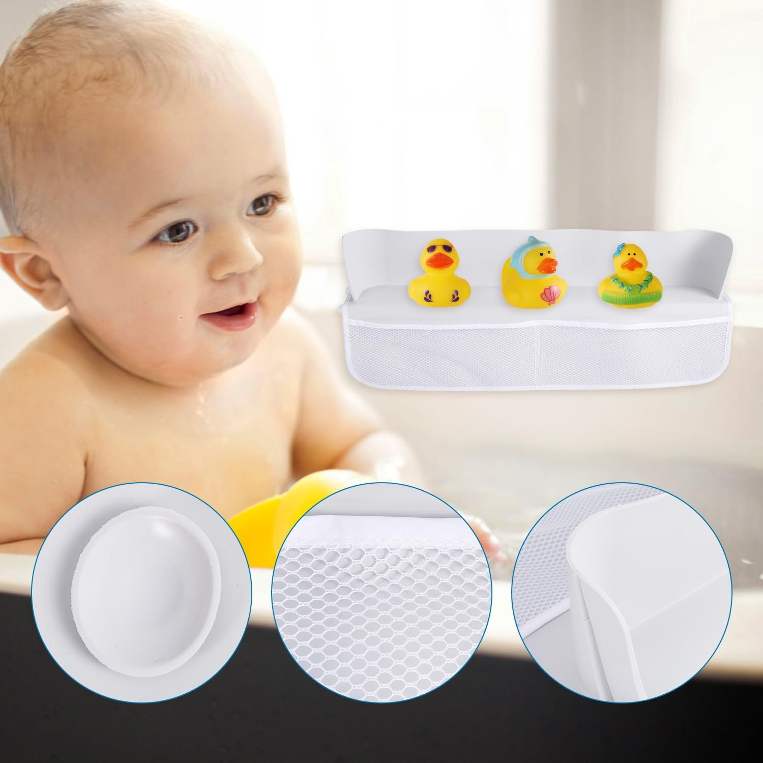 Bathtub Toy Shelf Splash Guard, Splash Protection Play Toy Holder Storage Tray with 4 Mesh Pocket Bag & 8 Suction Cup Super Adsorption, Bath Tub Topper Shelf Organizer for Children Baby Toddler image number 4