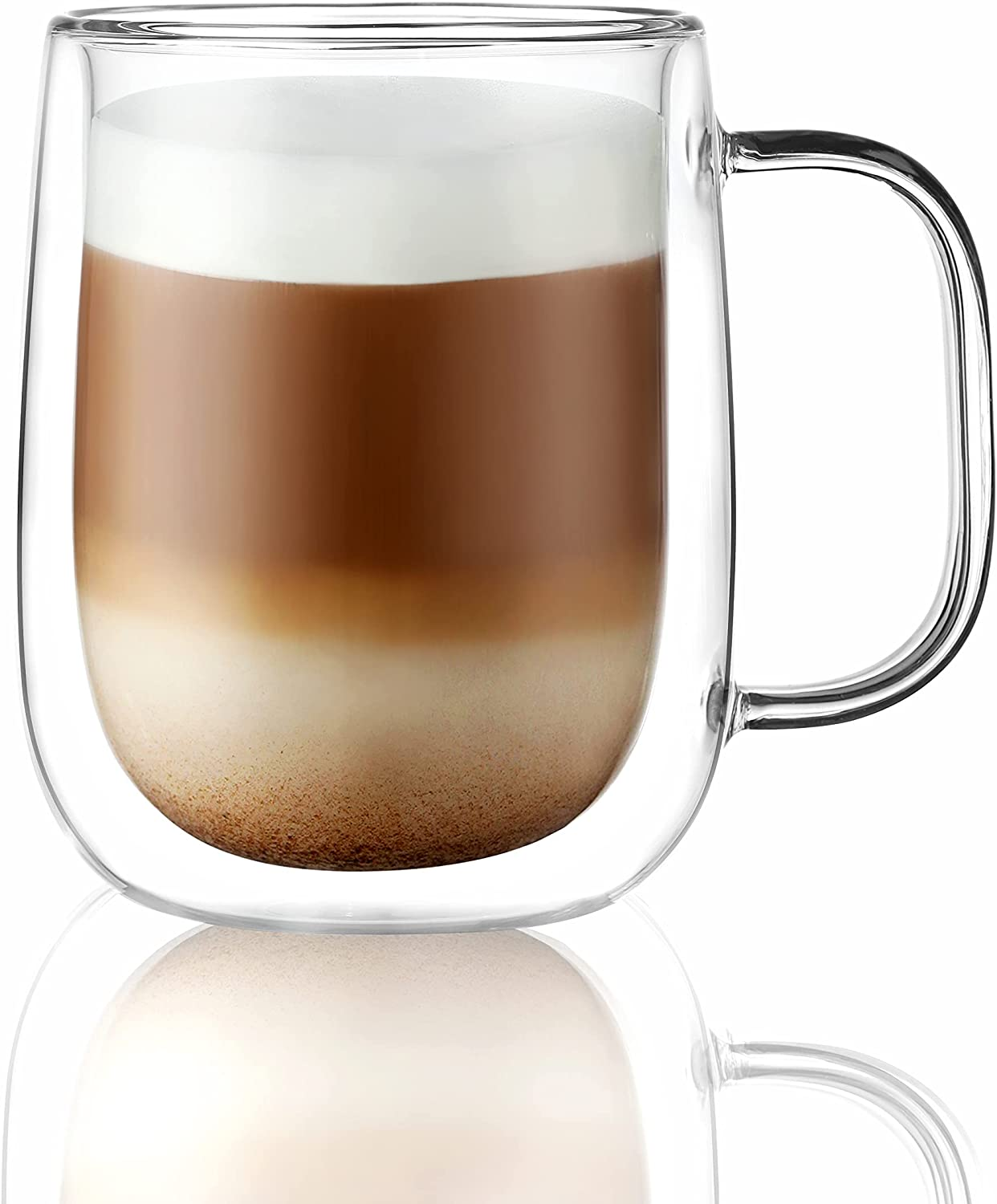 CNGLASS Glass Coffee Mugs (355Ml) 12Oz,Double Wall Insulated Mug Set with Handle,Clear Glass Espresso Mugs for Latte,Cappuccino,Tea Bag,Hot and Cold Beverages,Set of 2