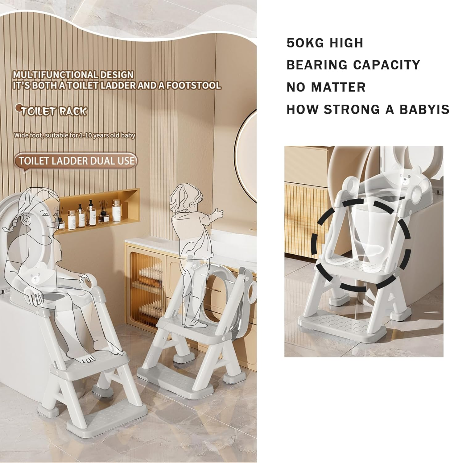 Pandaear Toilet Potty Training Seat with Step Stool Ladder, Comfortable Safe Potty Seat with Anti-Slip Pads Ladder & Bear Design for Kids Boys Toddlers -Grey