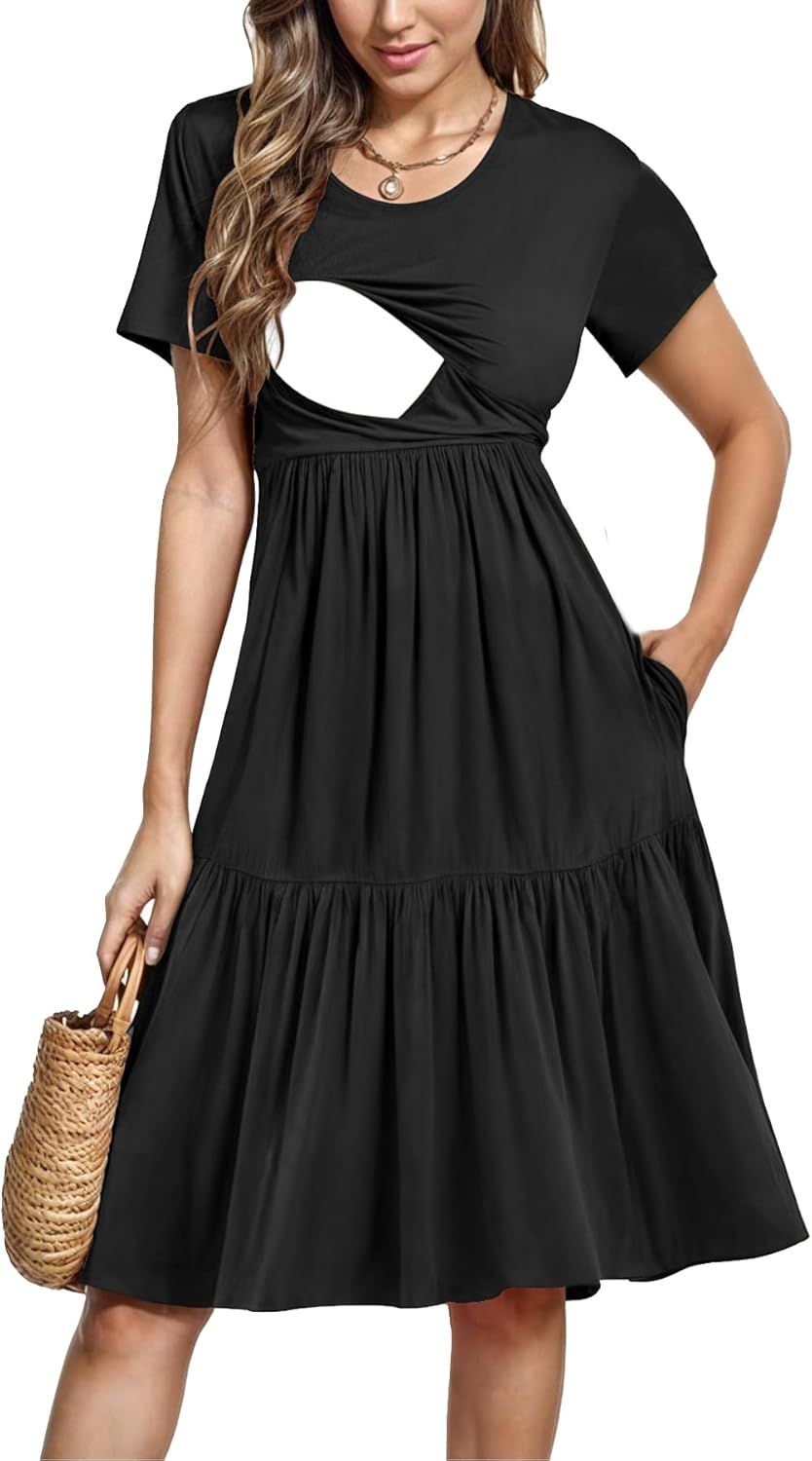 PARNIXS Women'S Summer Nursing Dress Short Sleeve Maternity Knee Length Breastfeeding Dress