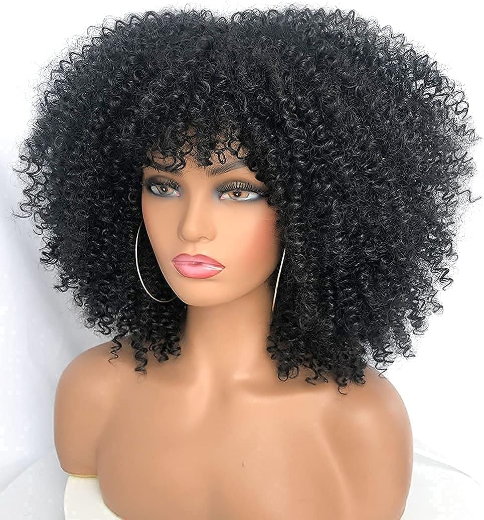 Runm Short Curly Afro Wig with Bangs for Black Women Kinky Curly Hair Wig Afro Synthetic Heat Resistant Full Wigs(Black)