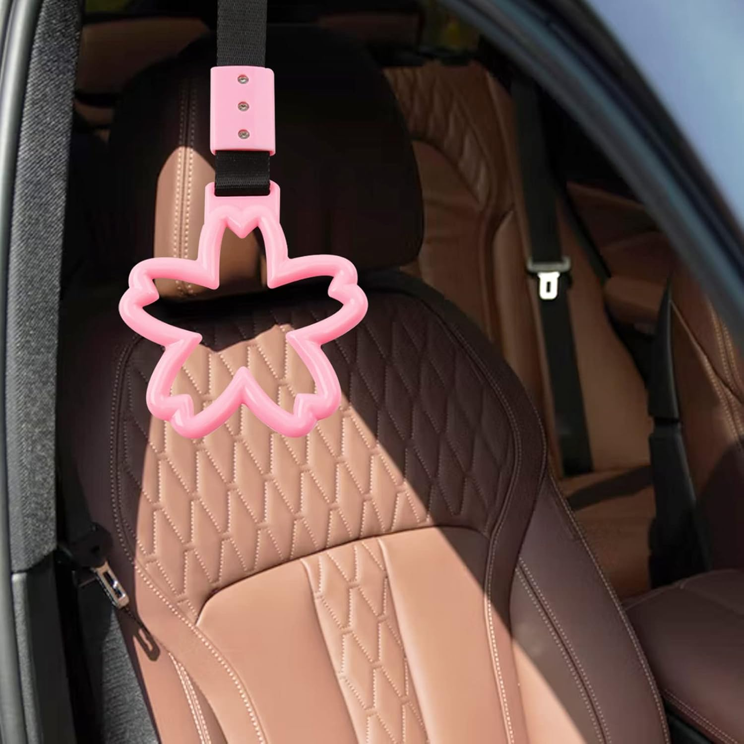 2 Pieces Car Handle Ring, Sakura Shaped Handle Hand Strap for Subway Train Bus, Car Exterior Accessories and Rear Bumper Warning Ring(Pink)