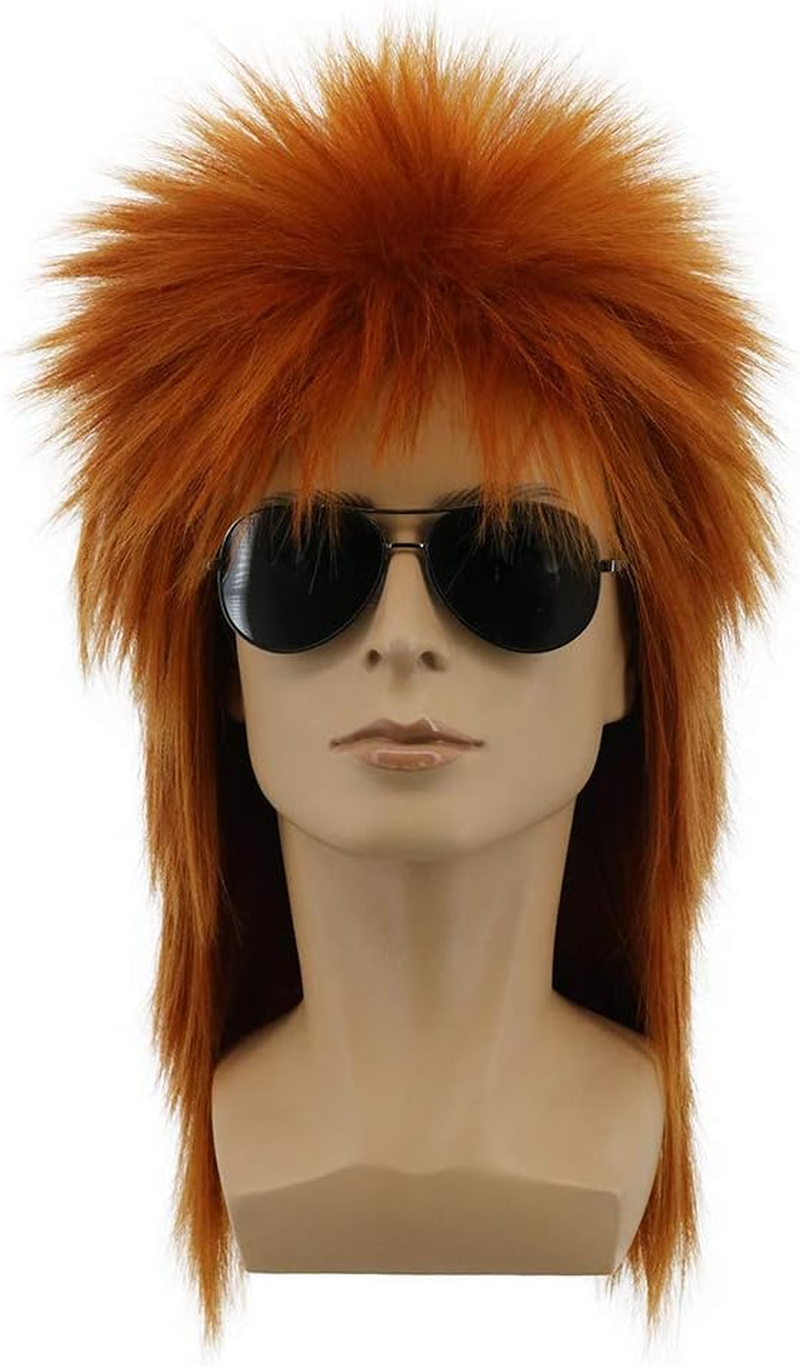 Yuehong Mullet Style Heavy Metal Halloween 70S 80S Red Orange Wig for Men Women Spiked Rocker Wig (Orange)