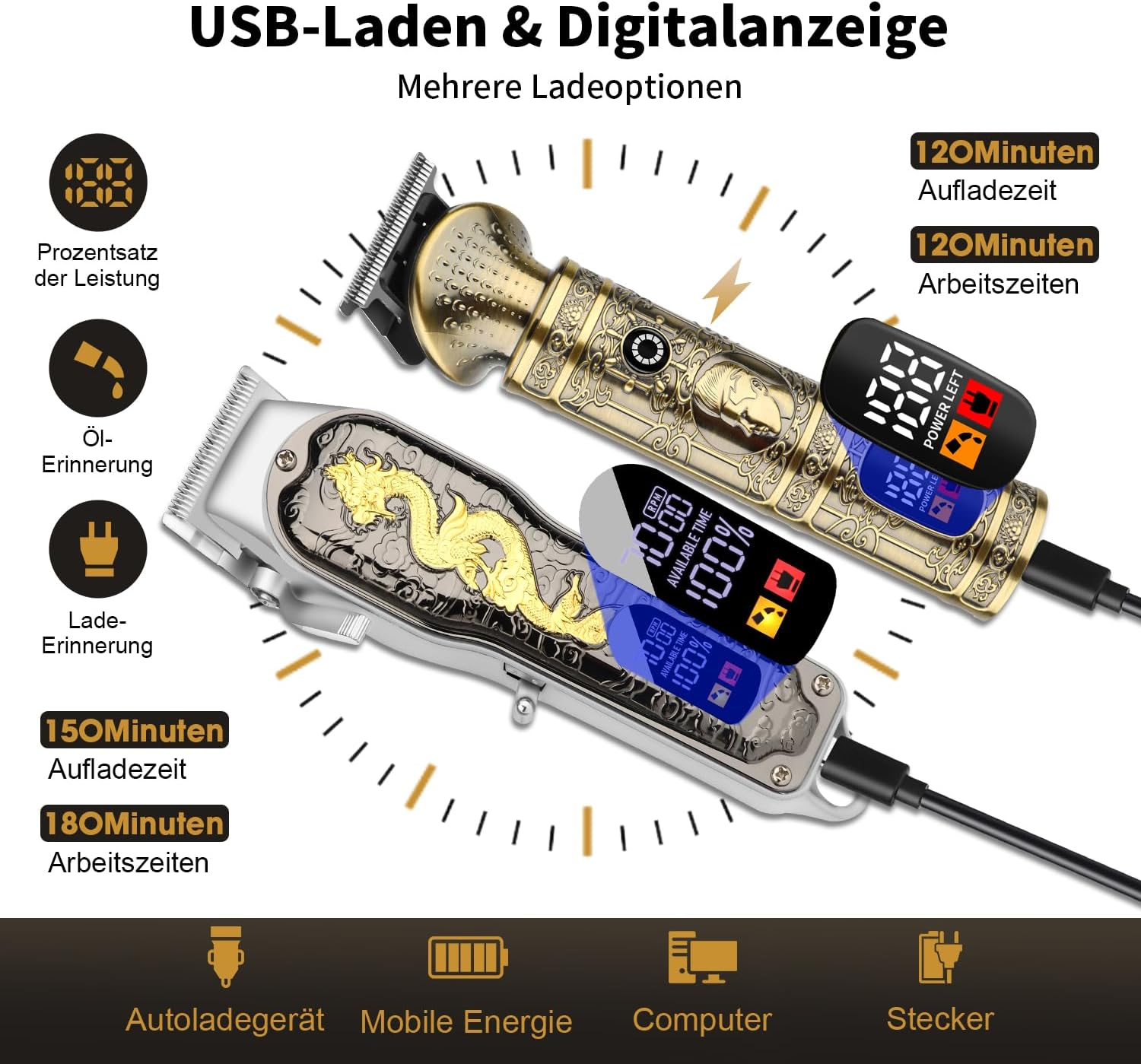 HIENA Pro Fessionelle Hair Trimmer for Men, Cordless Rechargeable Hair Clipper and Trimmer Set, Hair/Beard Trimmer and Electric Care Kit, Nose Hair Trimmer, Hair Trimmer image number 4