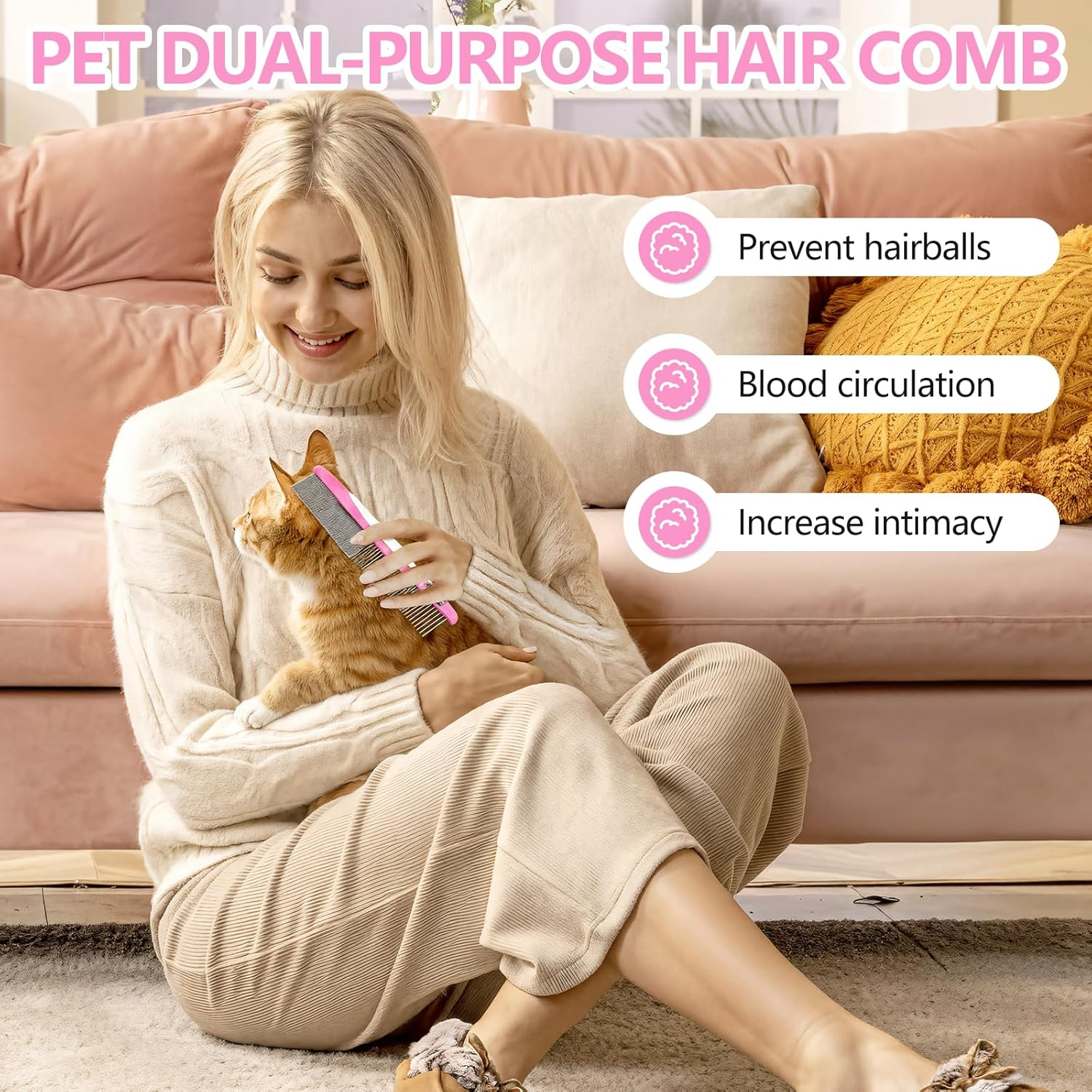 Flea Comb and Dust Comb for Dogs and Cats, Stainless Steel Dog Comb, Non-Slip ABS Handle, Cat Brush for Pet Grooming, Density and Wide Teeth for Different Combing Requirements (Pink) image number 4