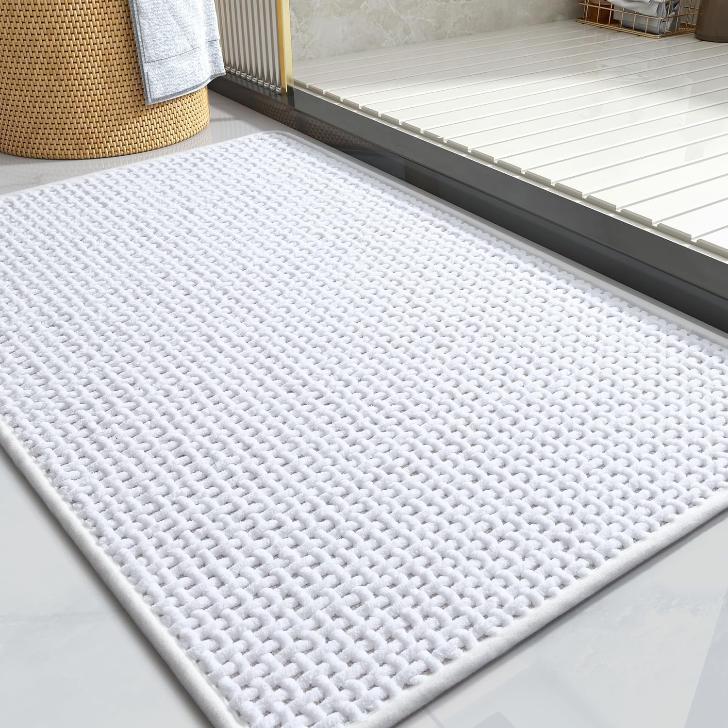YUTA Chenille Bathroom Mat Rubber Backing Bathroom Rugs Non Slip-Super Absorbent Bath Mats for Bathroom Floor, Shower, Sink, Vanity, 60X90Cm White