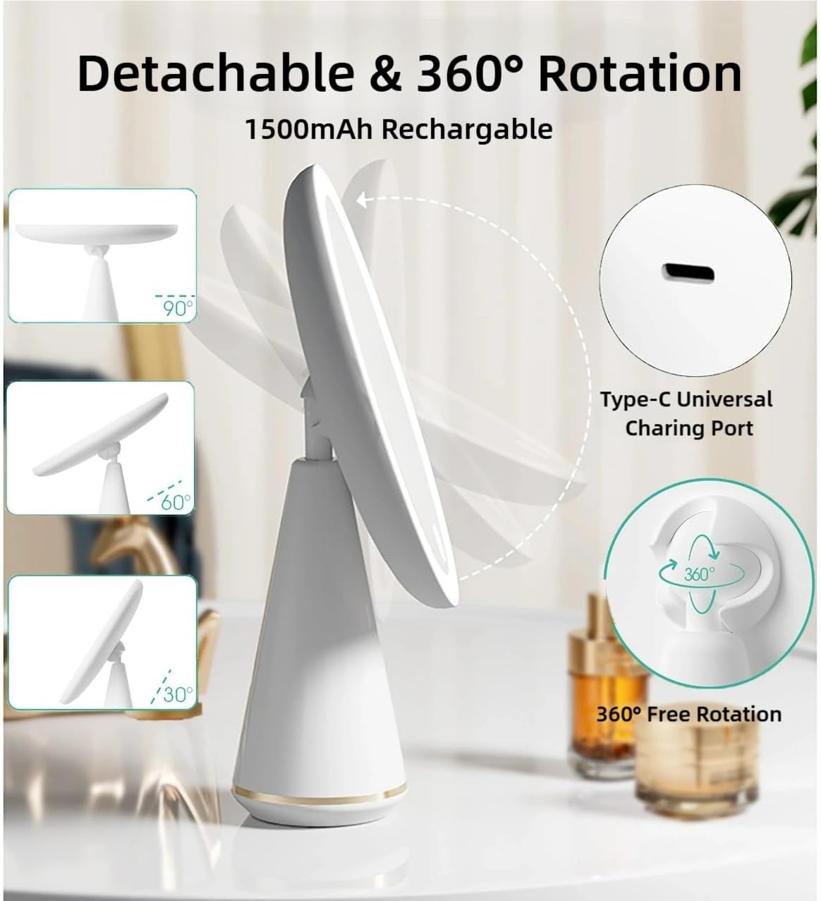 Magnifying Mirror 10X /1X with LED Lights,Rechargeable Makeup Mirror,7 Inch Makeup Mirror with Lights,360&deg; Rotation, 3 Level Brightness Adjustable,Touch Sensor Dimming,Portable Travel Make up Mirror. image number 1