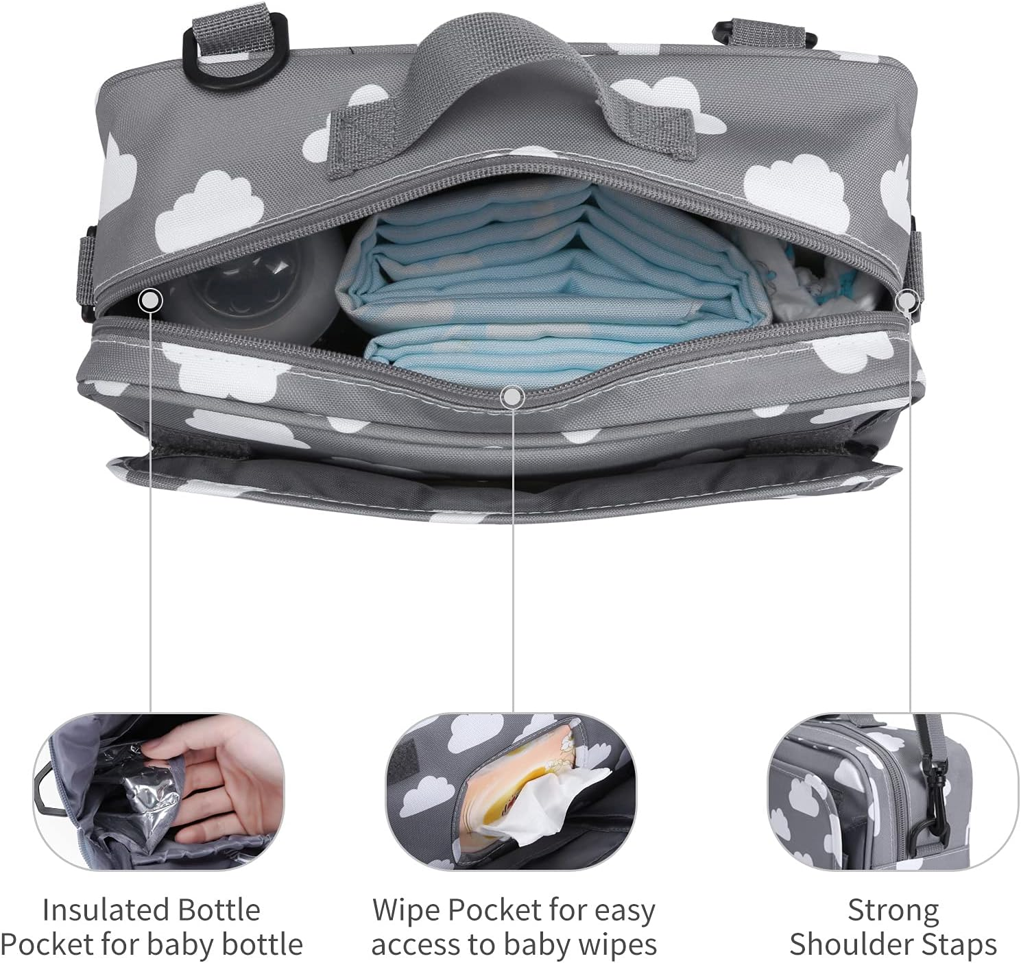 Small Diaper Bag, Stroller Organizer Bags for Baby with Insulated Pocket, Stroller Hooks and Adjustable Strap,Universal Mini Diaper Tote Bags Fit All Strollers, Gray - Carved image number 6