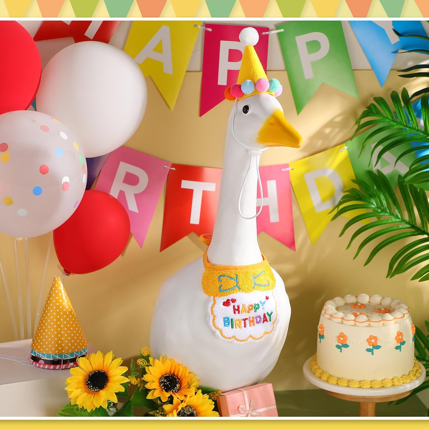 Abbylike Happy Birthday Goose Outfit Lawn Porch Goose Outfits with Party Hat Bandana for 23" 17" Cement Plastic Duck Decor