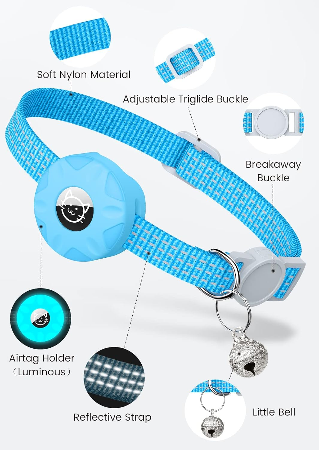 Airtag Cat Collar, Reflective Kitten Collar Breakaway Apple Air Tag Cat Collar, GPS Cat Collar with Airtag Holder and Bell, Lightweight Tracker Cat Collars for Girl Boy Cats Puppies (Luminous Blue) - Luminous Blue image number 1