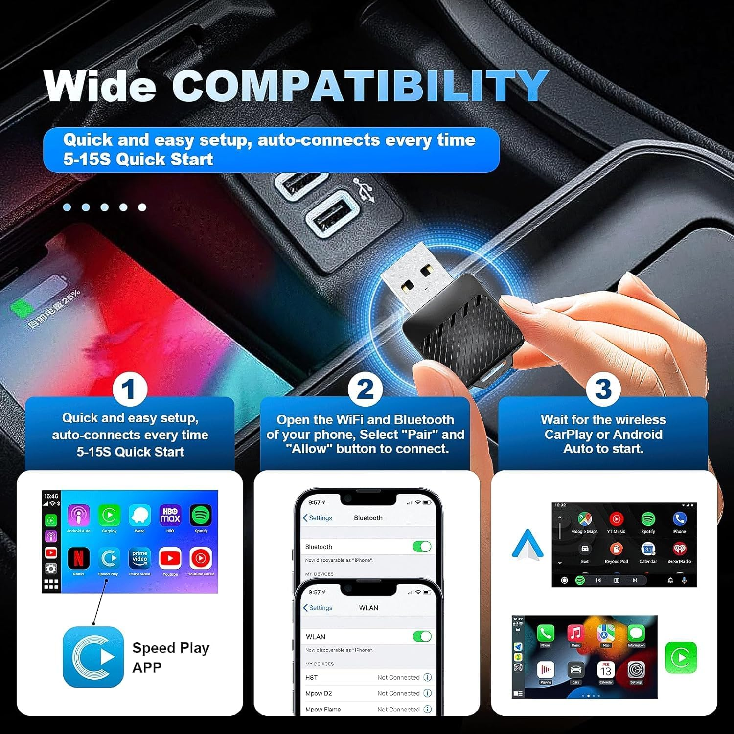 2-In-1 Wireless Carplay & Android Auto Adapter, 2025 Upgrade Mini USB Design for Cars with Built-In Wired Apple Carplay Plug & Play Carplay Dongle Converts Wired Carplay to Wireless, Fast Auto-Connect image number 5