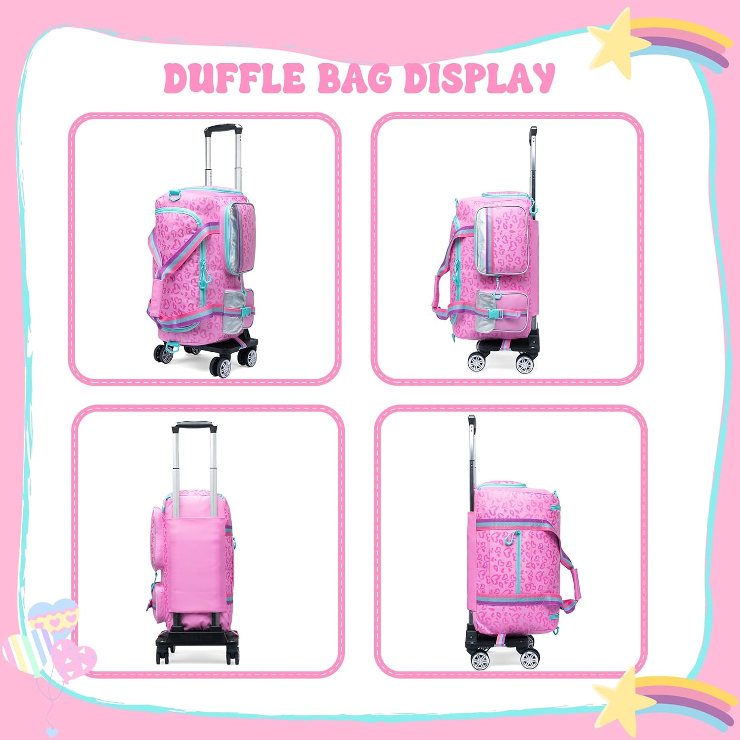 Kids Rolling Duffle Bag with Wheels Women Girls Duffle Bag with Wheels and Handle with Makeup Bag Travel Toiletry Bag, Pink Love - Pink Love image number 4