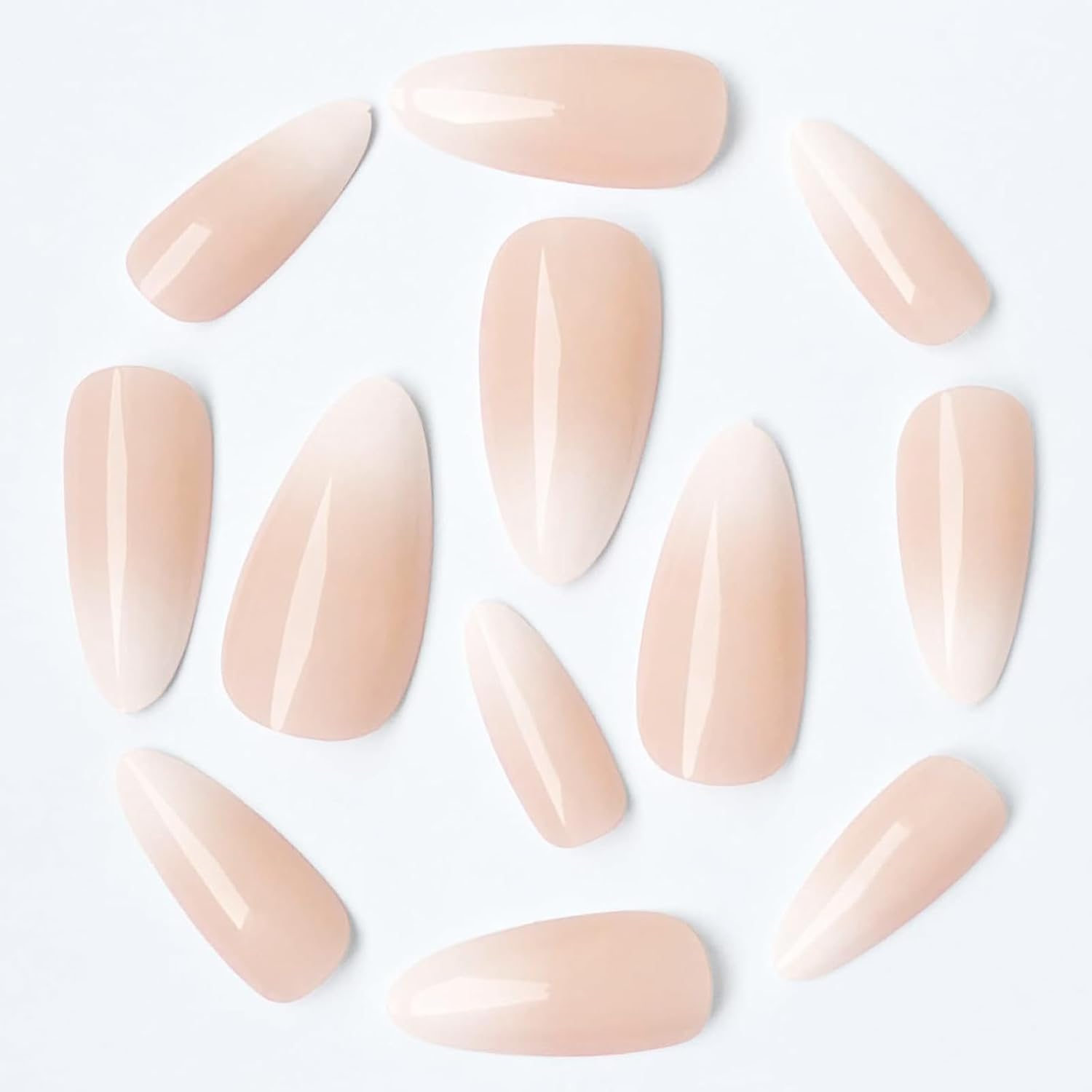 Qioon 24 Pcs Short Almond Press on Nails, French Tip Gradient Fake Fingernails with Adhesive Tabs, Light Color Stick on False Nails for Women and Girls image number 4