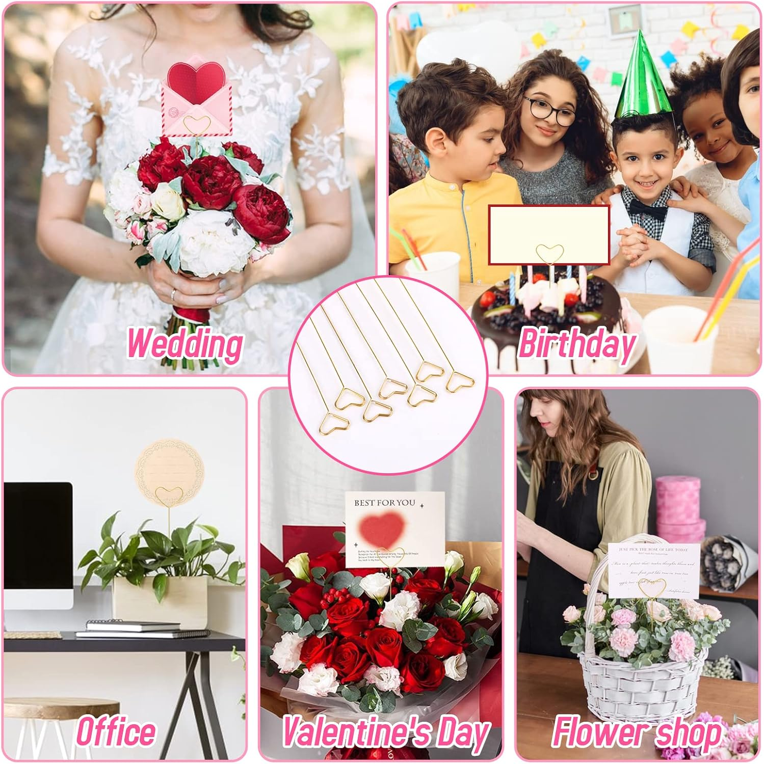 40Pcs Floral Card Holder Picks, Heart Loop, Picture Holders, Photo Clip Holder Flower Card Holder Stick, Gold Heart Floral Picks Stick Clip Floral Pick Card Holders, Photo Picture Holder for Wedding image number 5