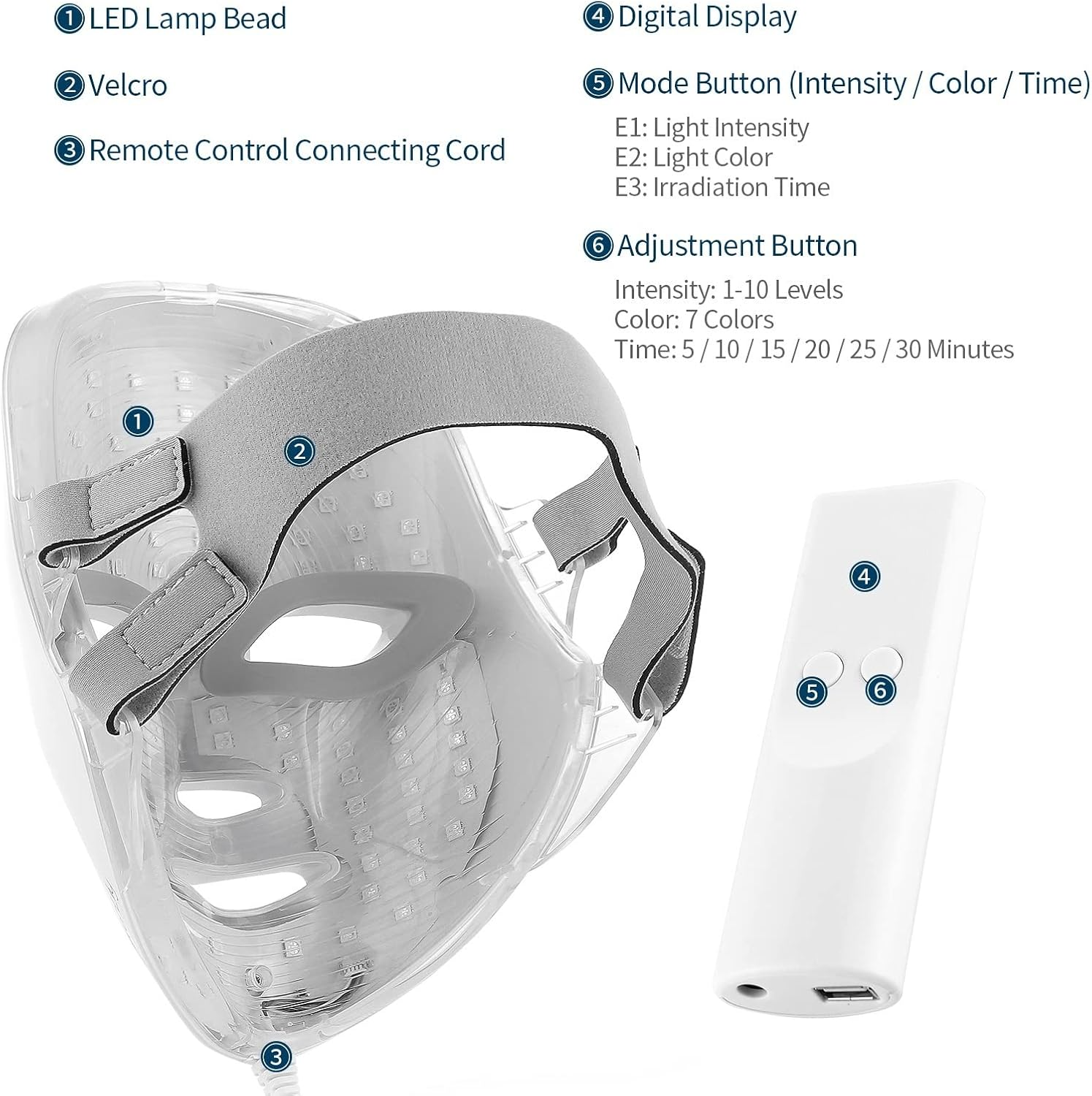 LED Facial Mask 7 Colors Photon LED Light Therapy Face Mask, Red Light Mask, Home Face Lifting Skin Rejuvenation Beauty Mask