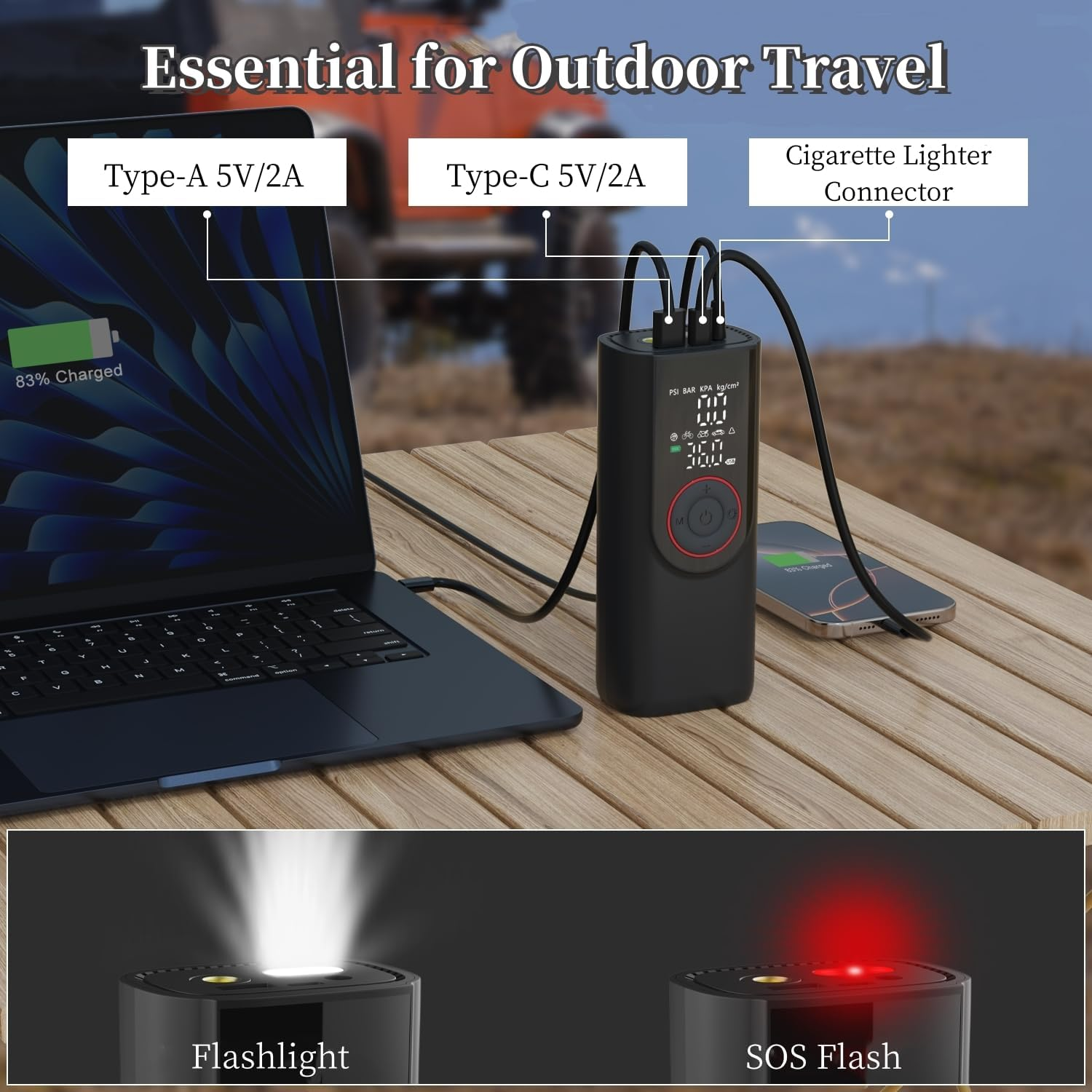 Tyre Inflator Portable Air Compressor, 150PSI 6000Mah Electric Cordless Air Pump with Pressure LCD Digital Pressure Gauge & LED Light, Auto Tyre Pump for Car, Motorcycle, Bike, Ball image number 5