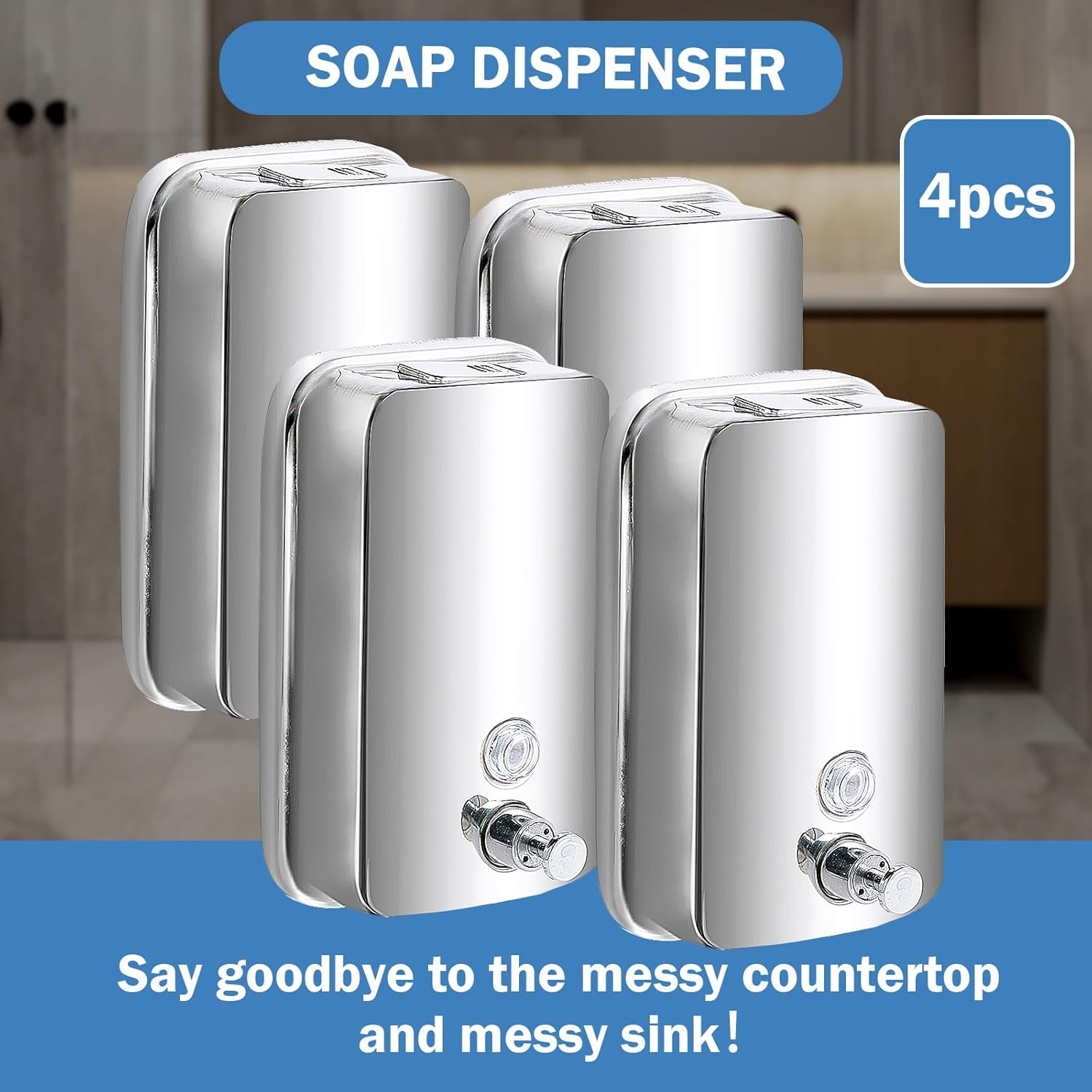 4Pcs Commercial Soap Dispenser Stainless Steel 1000Ml Wall Mount Manual Liquid Pump Rust Proof Leak Proof for Bathroom image number 4