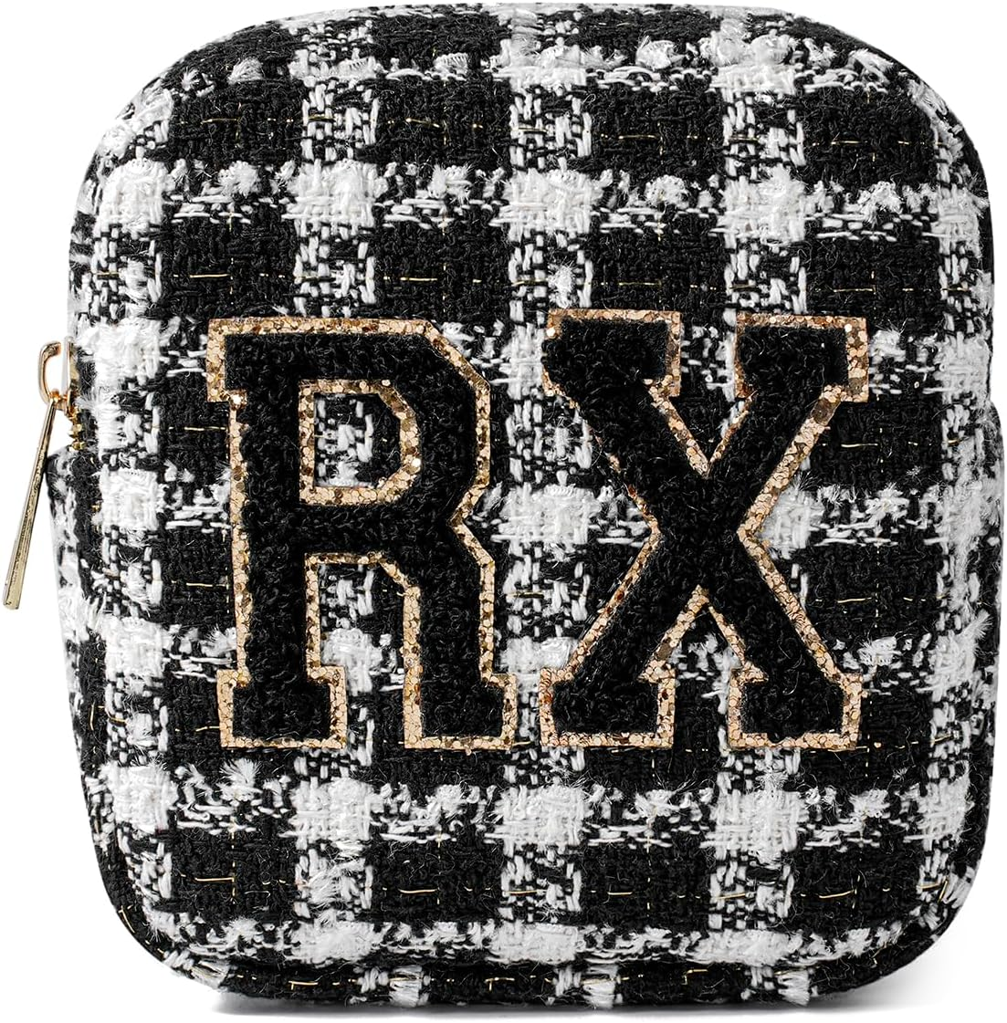 DDPOND Small Medicine Bag for Travel, Personalized RX Chenille Letters Checkered Pouch for Women and Girls, Cute Meds Drug Makeup Bags with Zipper (01Beige Checkered) image number 5