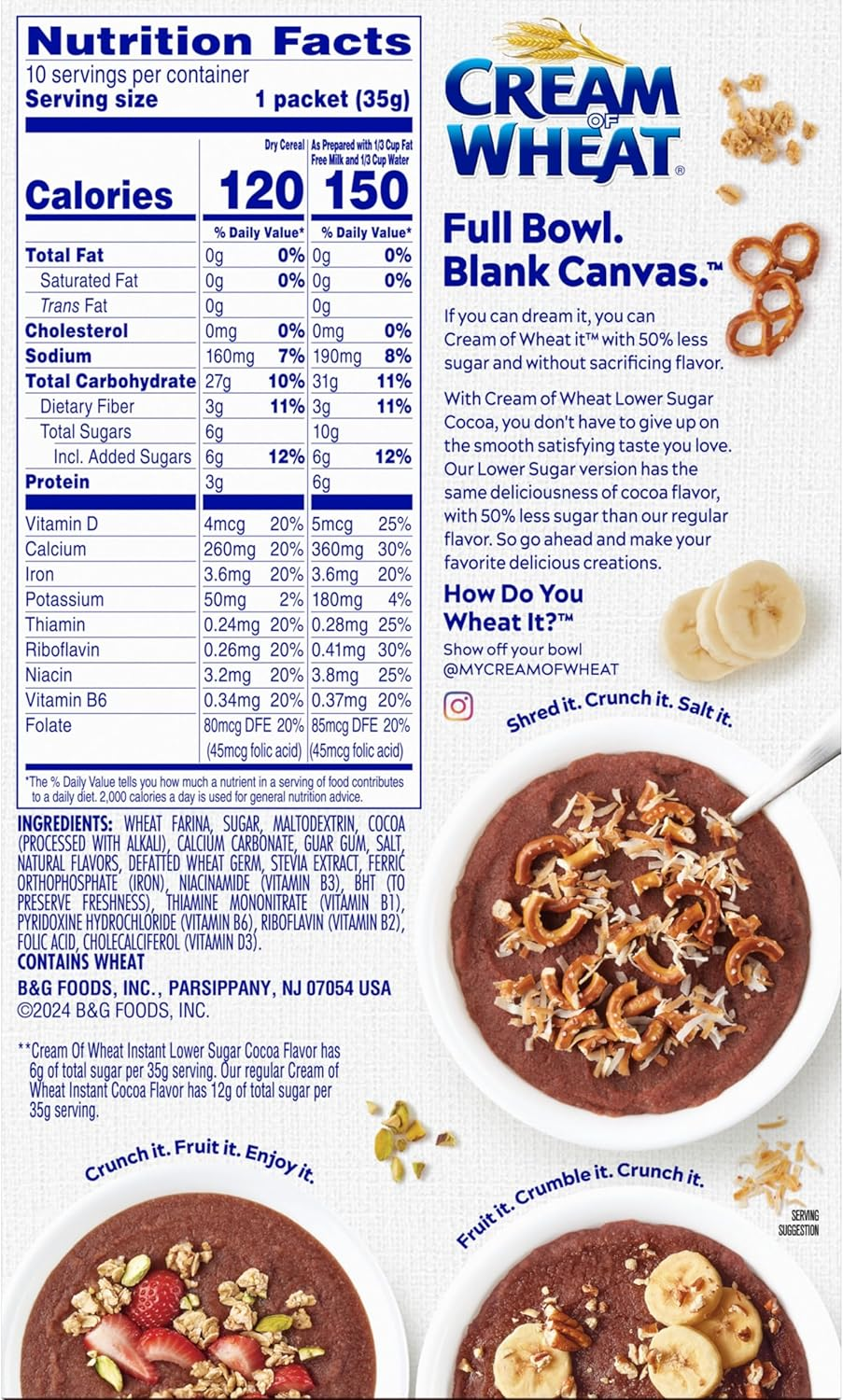 Cream of Wheat Instant Lower Sugar Hot Cereal, Cocoa, 1.23 Ounce, 10 Packets image number 3