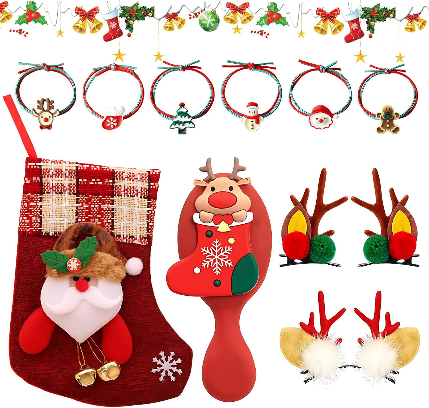 Christmas Hair Accessories Set, 10 Pieces Christmas Accessories for Women, with Christmas Hair Clips, Elastic Bands, Hair Brush, Christmas Stocking Filler, Beautiful and Practical, Can Be Used As image number 5