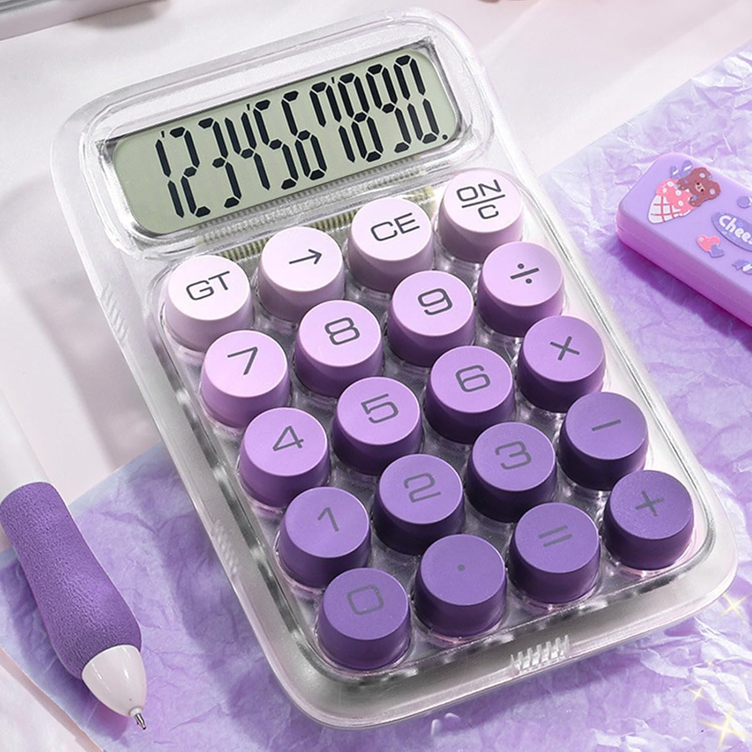 1-Pack Mechanical Switch Calculator with 10 Digits Large LCD Display, Cute Basic Calculator with Big Button Anti-Slip Pad, Transparent Body, for Home Business School Office Desk - Purple
