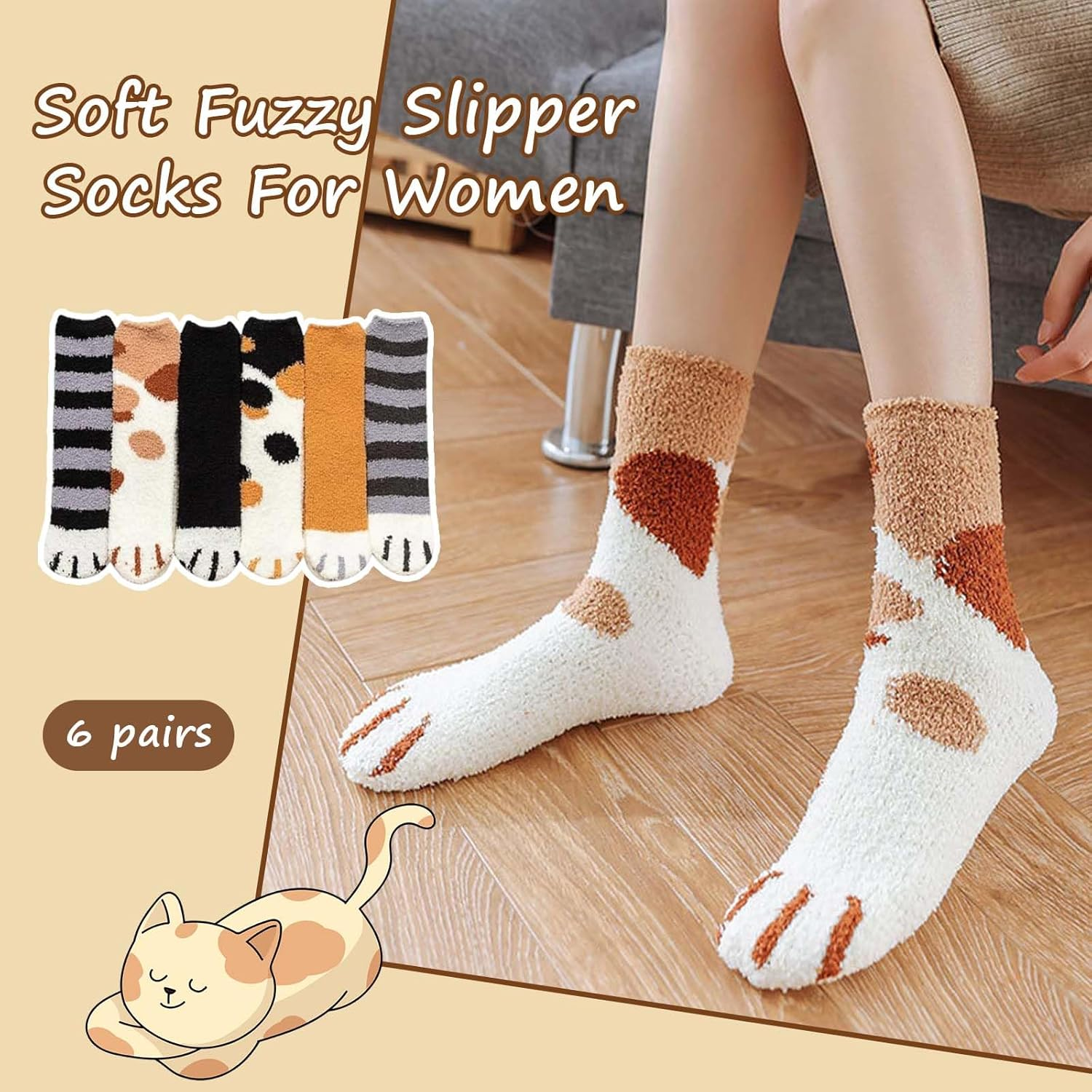 6 Pairs of Cat Socks - Therian, Fluffy, Non-Slip, Warm Bed, House Socks (36-42), Multicoloured, Medium image number 5