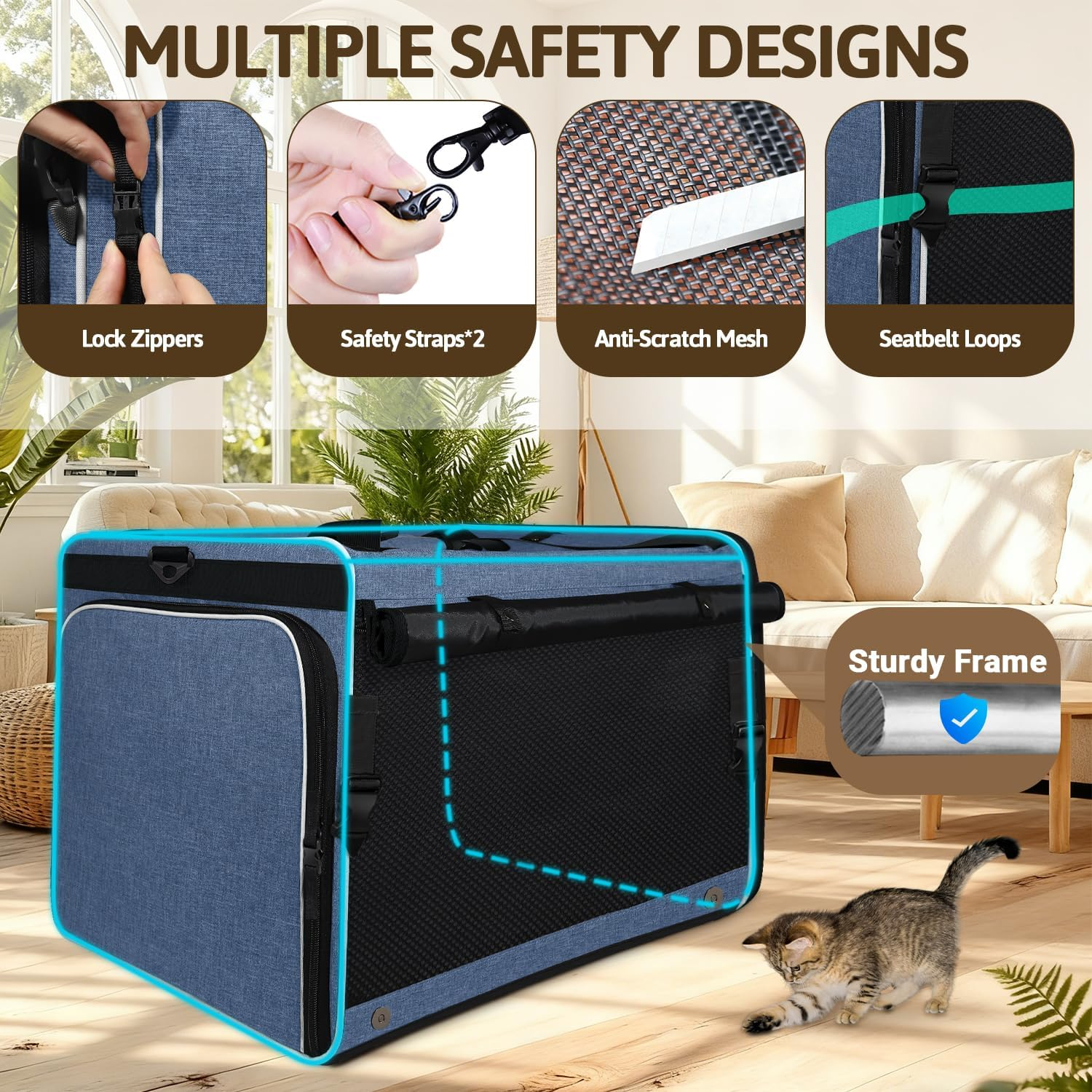 Petskd Side Expandable Extra Large Cat Car Carrier with Collapsible Litter Box for Long Distance Travel,24"X17"X17" Portable Soft Sided Pet Carrier with Roller Shades for 2 Cats up to 55Lbs(Blue) image number 1